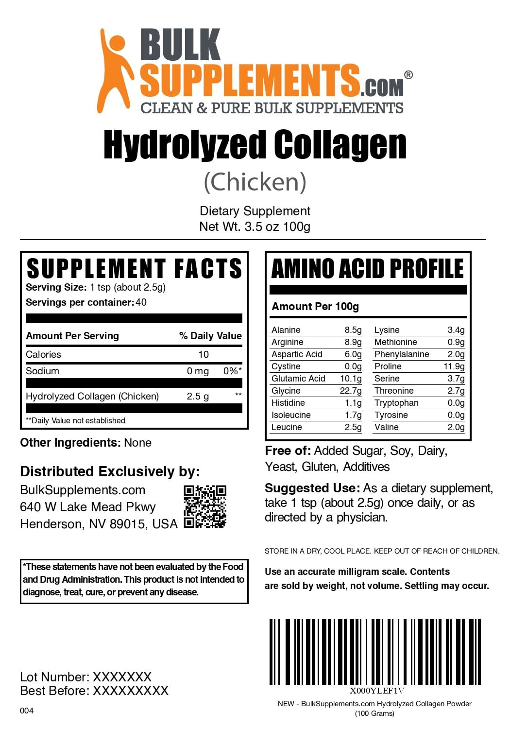 BulkSupplements Hydrolyzed Chicken Collagen Powder nutritional information