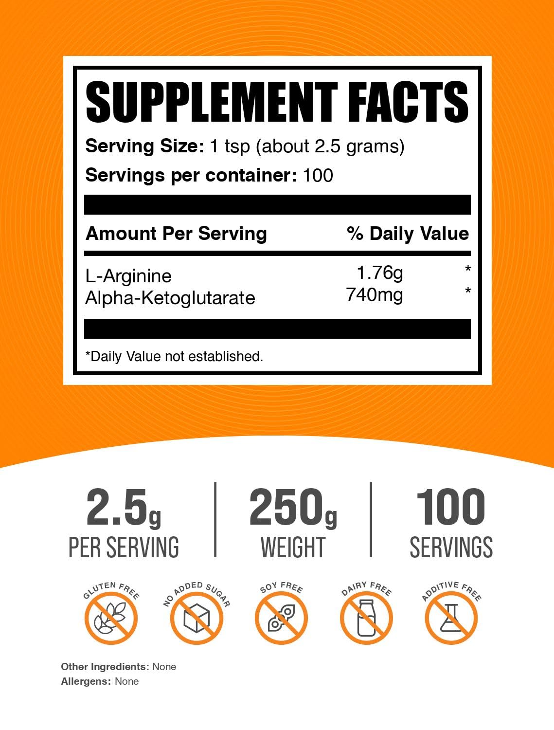 BulkSupplements L-Arginine Alpha-Ketoglutarate Powder side view with serving scoop