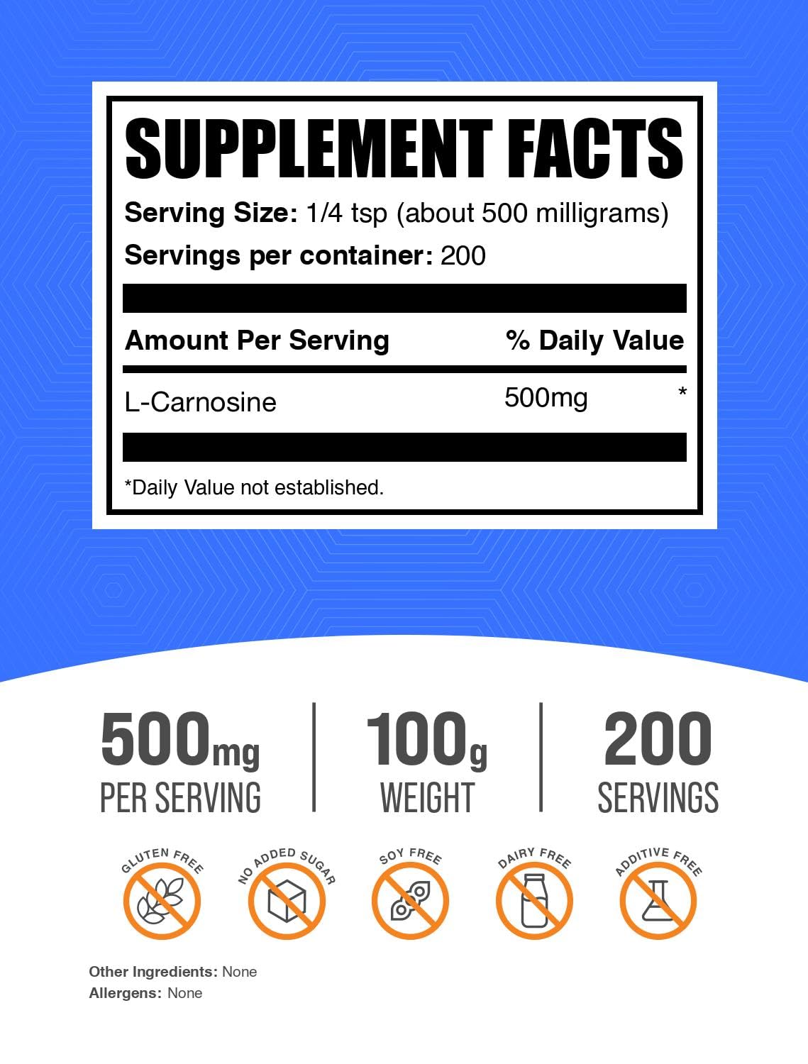 BulkSupplements L-Carnosine Powder 500mg back view with ingredient details