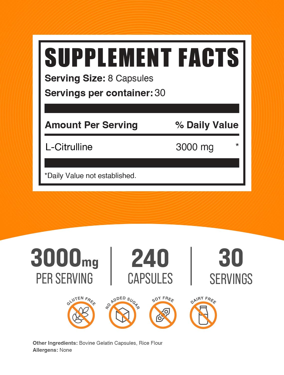 BulkSupplements L-Citrulline Capsules 3000mg side view