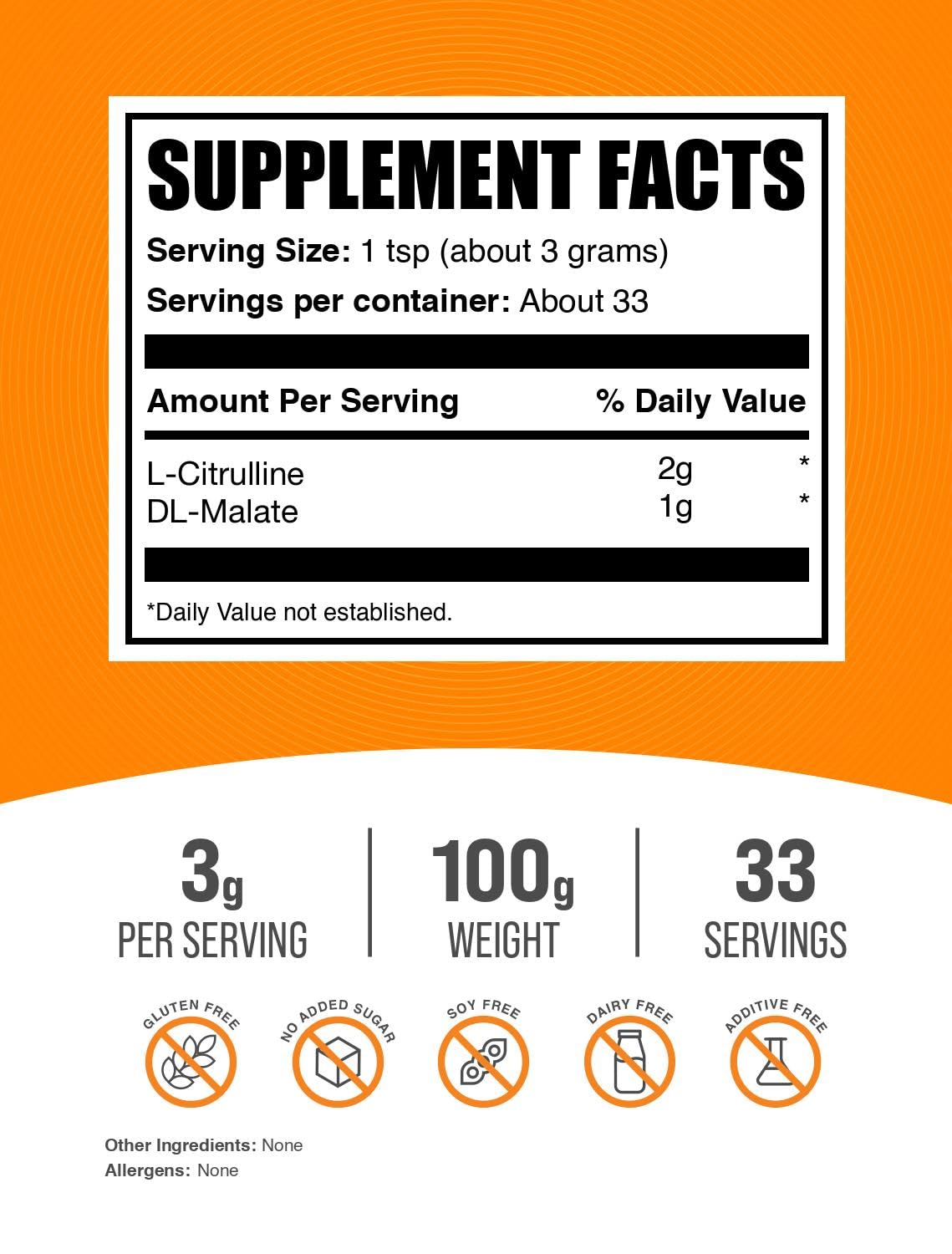 BulkSupplements L-Citrulline Malate Powder side view with ingredient details