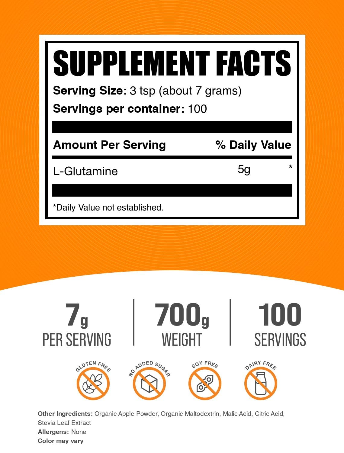 BulkSupplements L-Glutamine Sour Green Apple Powder 700g packaging