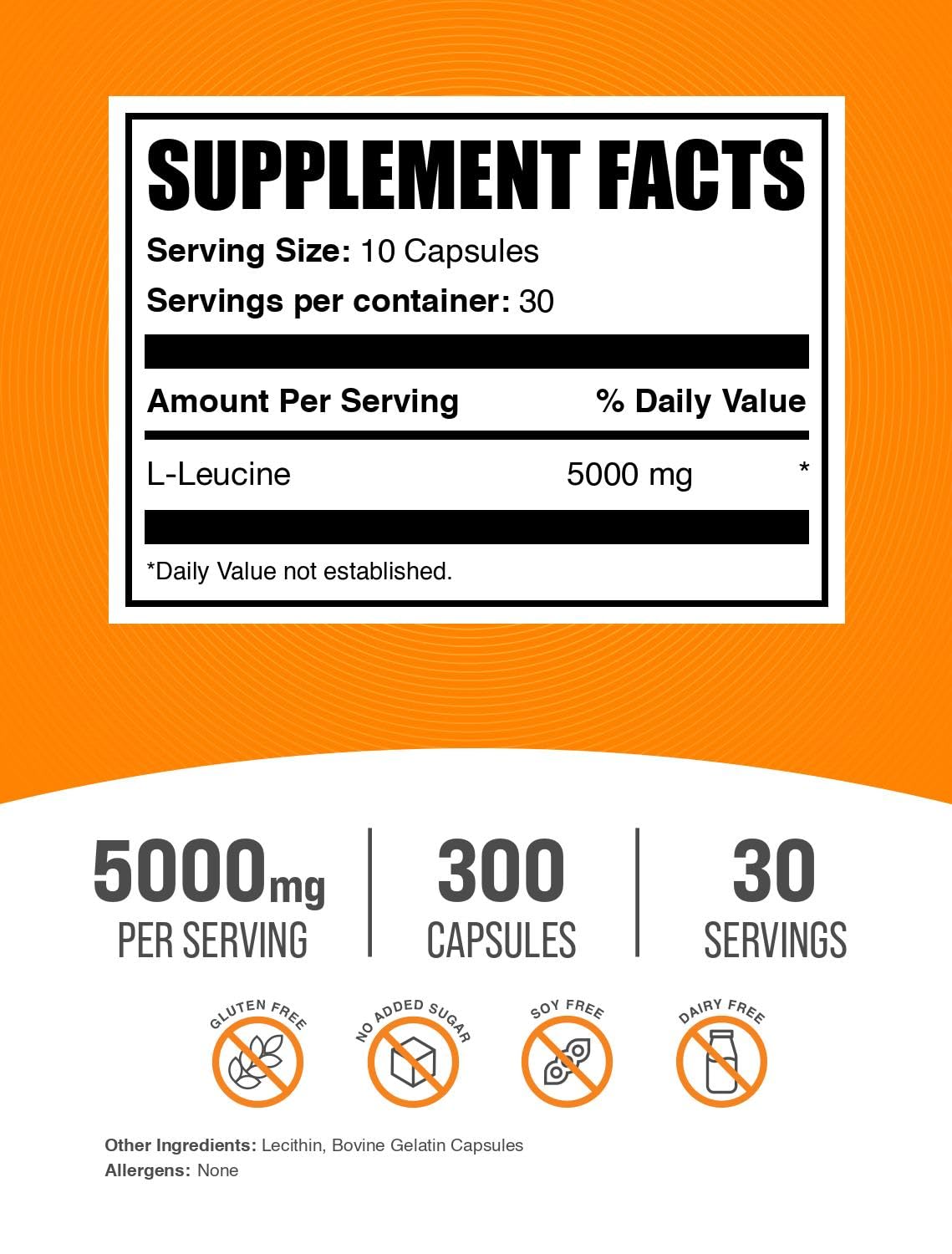 BulkSupplements L-Leucine Capsules 5000mg side view showing capsule count