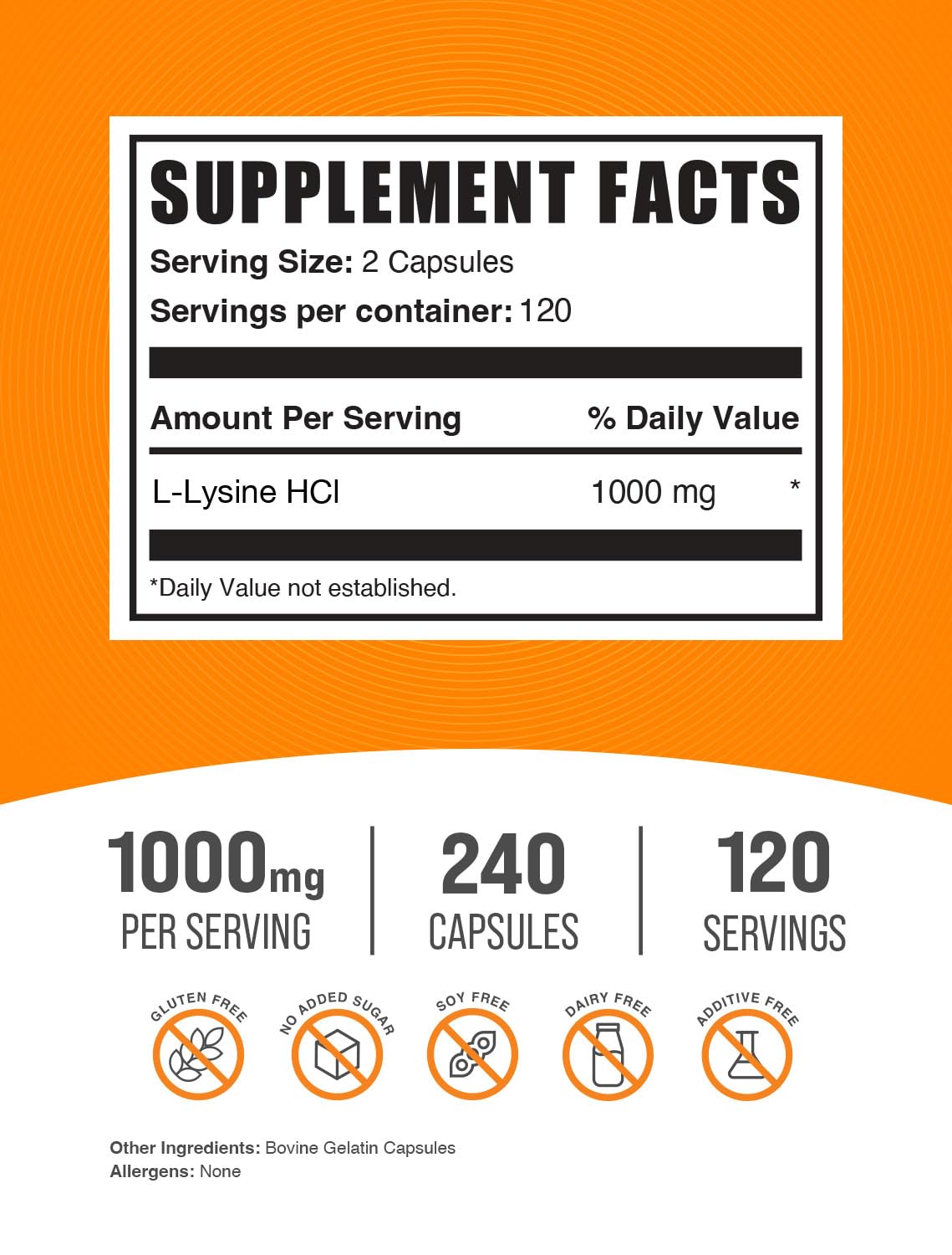 BulkSupplements L-Lysine Capsules 1000mg back view with nutritional information