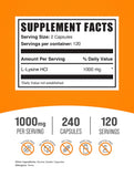 BulkSupplements L-Lysine Capsules 1000mg back view with nutritional information