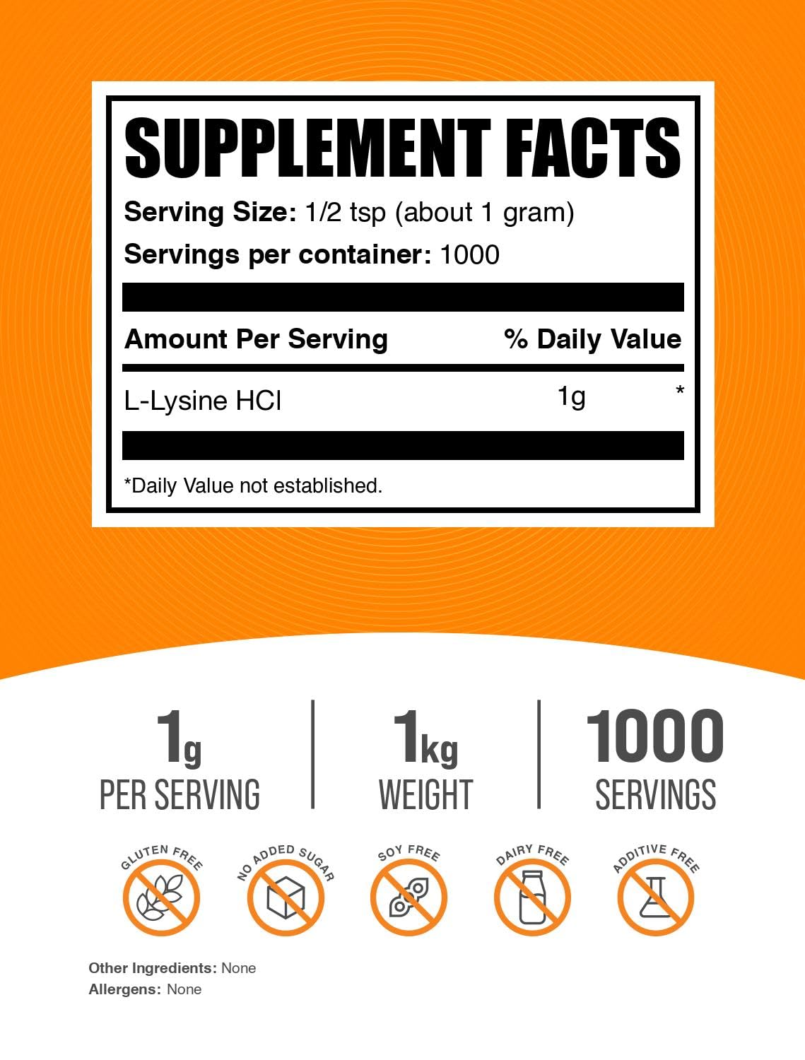 BulkSupplements L-Lysine Powder 1000g back view with nutritional information