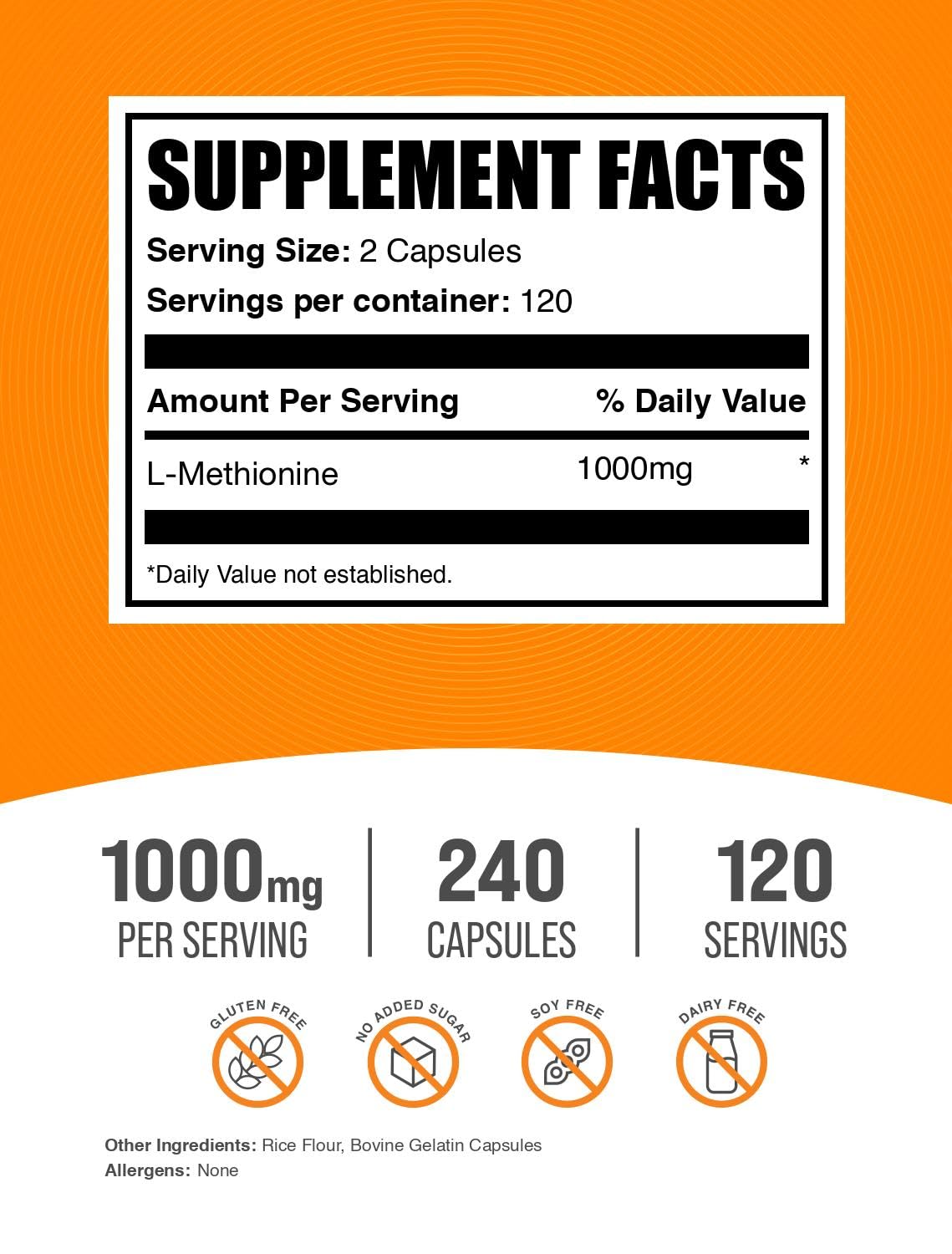 BulkSupplements L-Methionine 1000mg Capsules side view