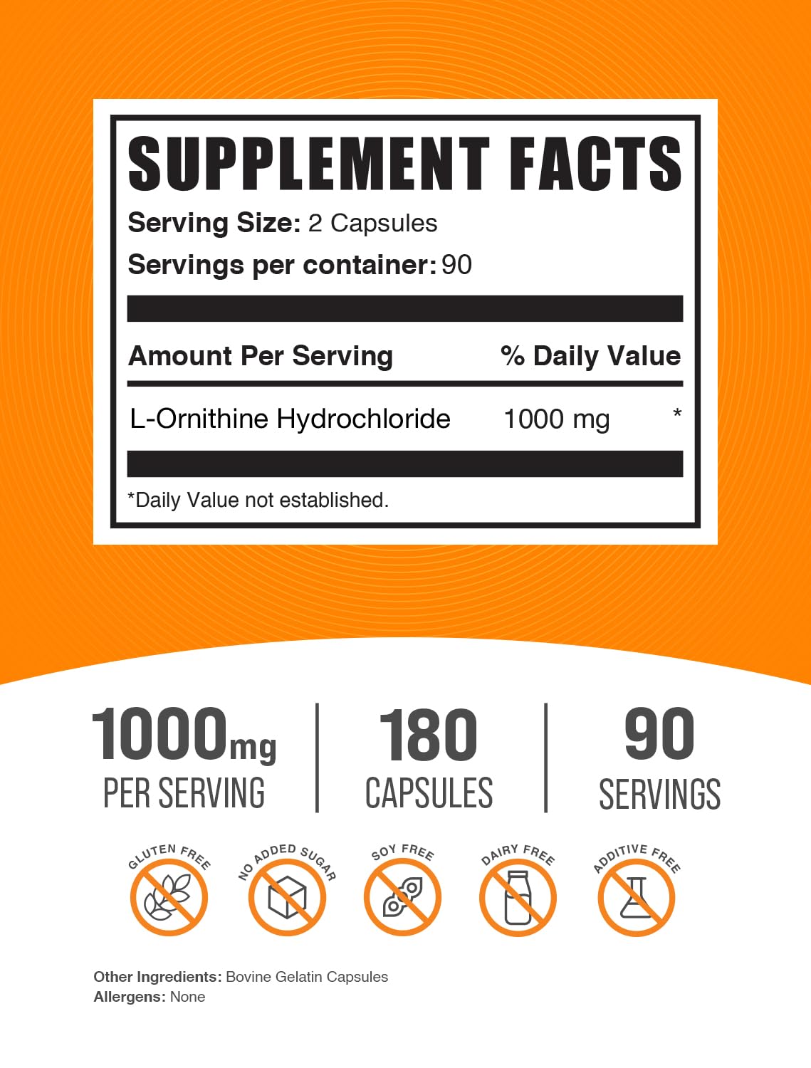 BulkSupplements L-Ornithine HCl Capsules 1000mg side view