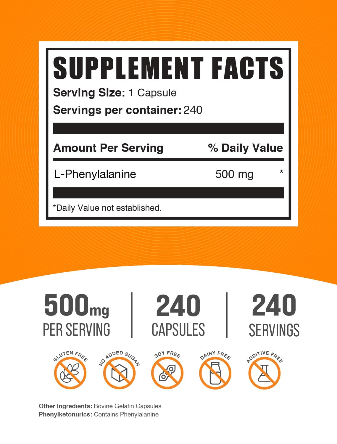 BulkSupplements L-Phenylalanine 500mg Capsules side view