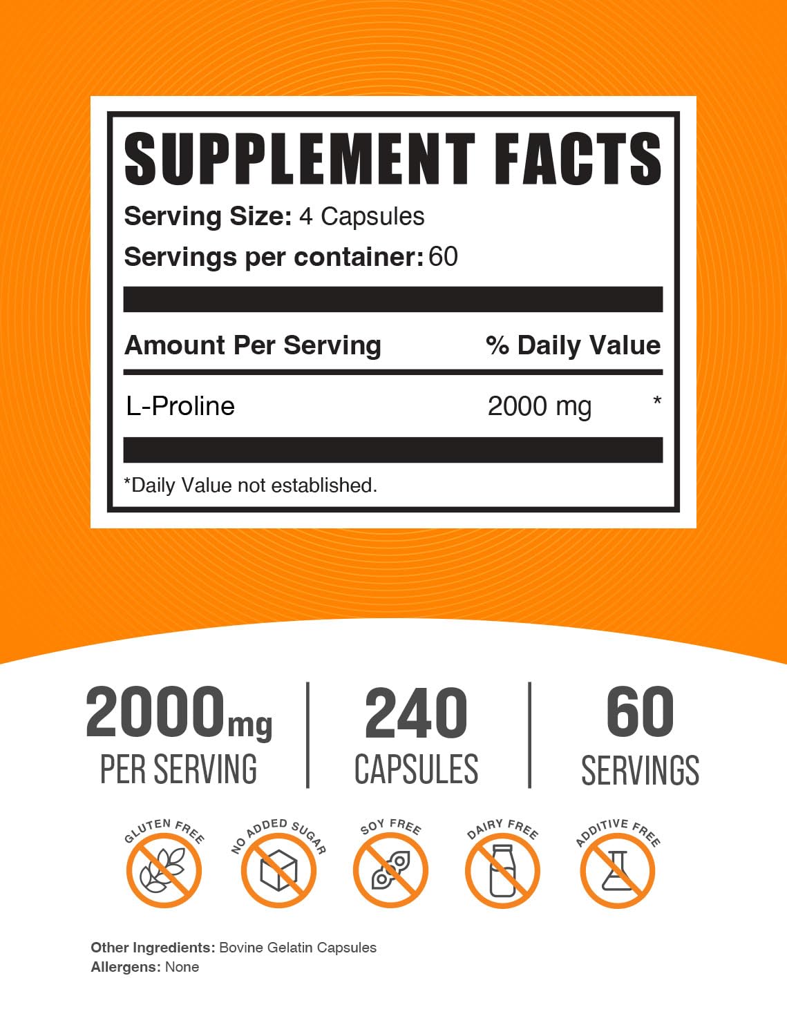 BulkSupplements L-Proline 2000mg capsules side view