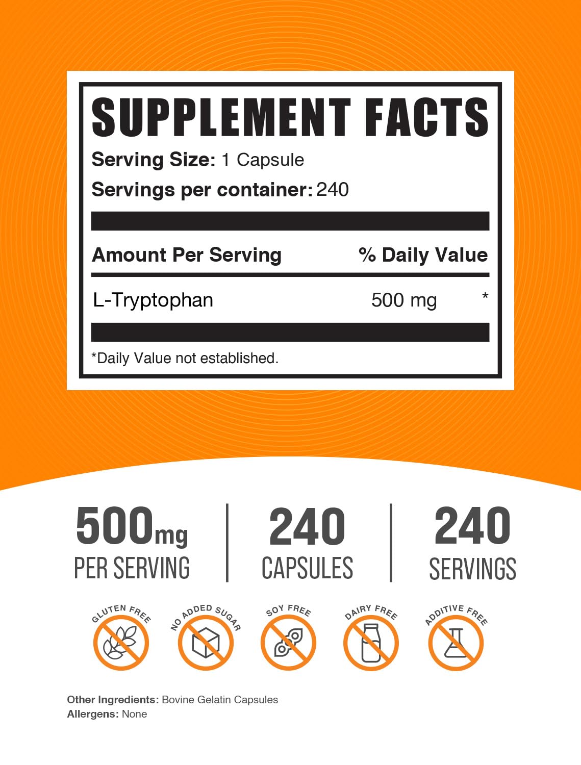 BulkSupplements L-Tryptophan 500mg capsules side view