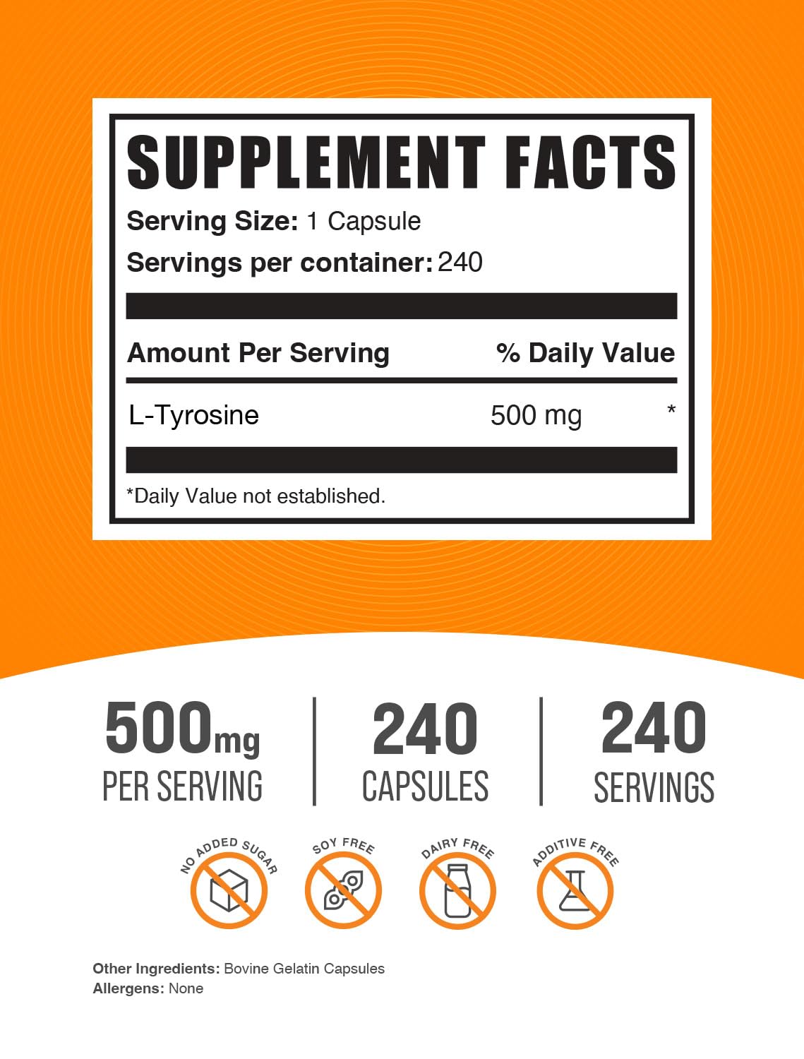 BulkSupplements L-Tyrosine 500mg Capsules side view
