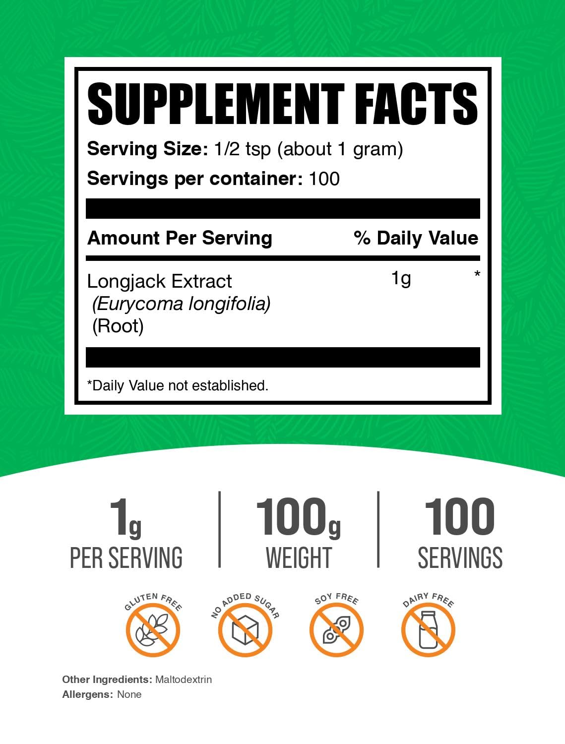 BulkSupplements Longjack Extract Powder back view with nutritional information