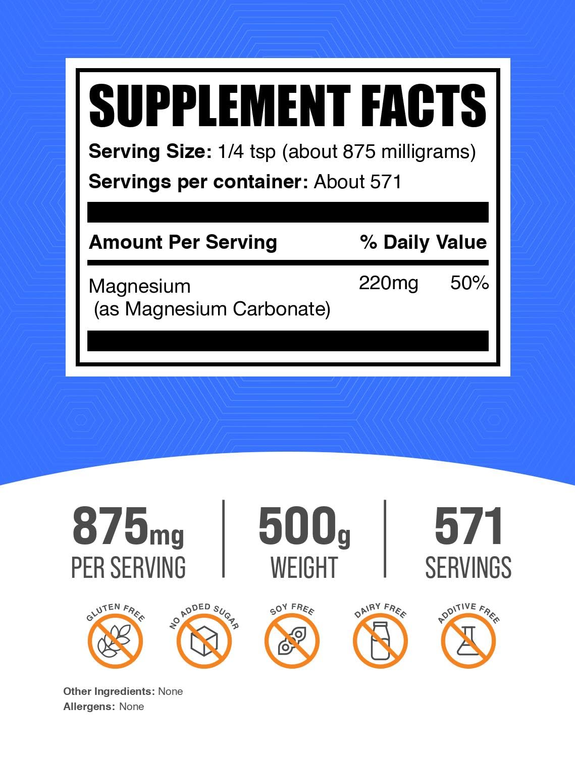 BulkSupplements Magnesium Carbonate Powder 500g back view with nutritional information