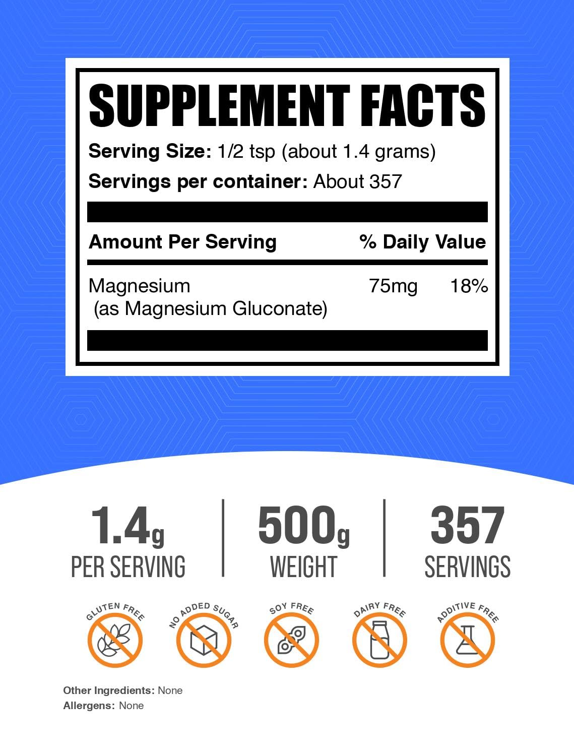 BulkSupplements Magnesium Gluconate Powder 500g packaging