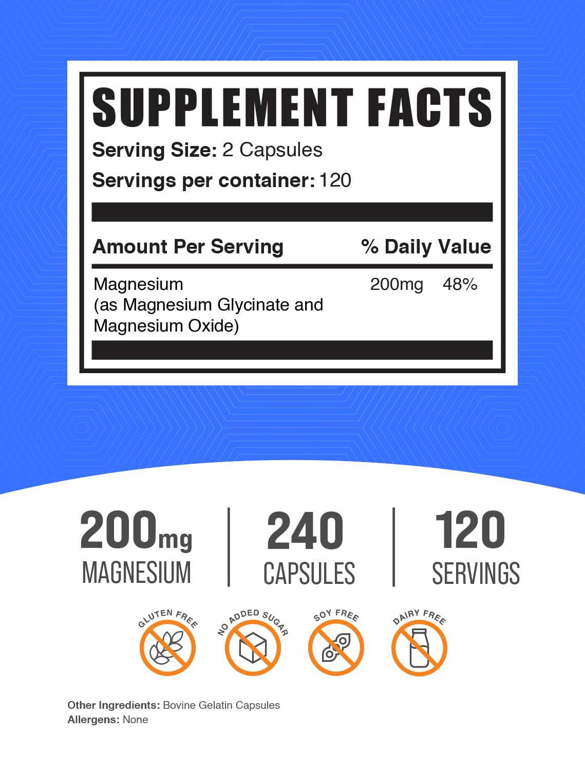BulkSupplements Magnesium Glycinate Capsules 200mg back view with ingredients