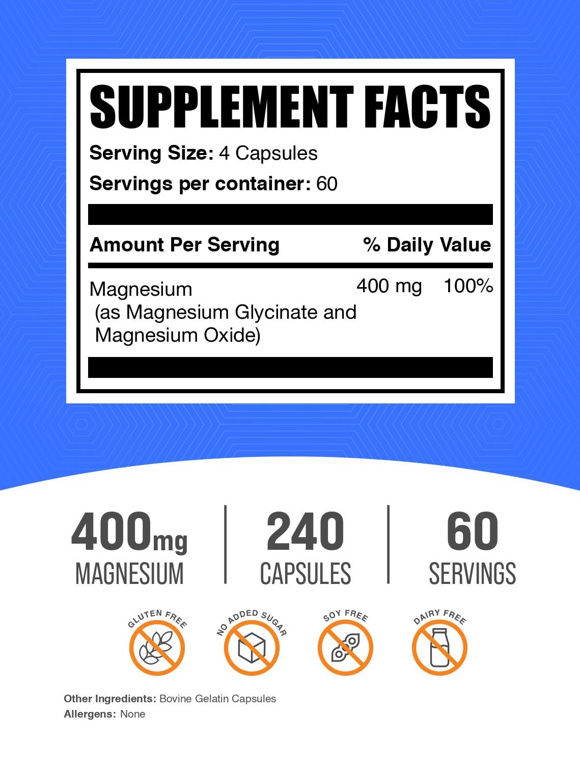 BulkSupplements Magnesium Glycinate Capsules 400mg bottle side view