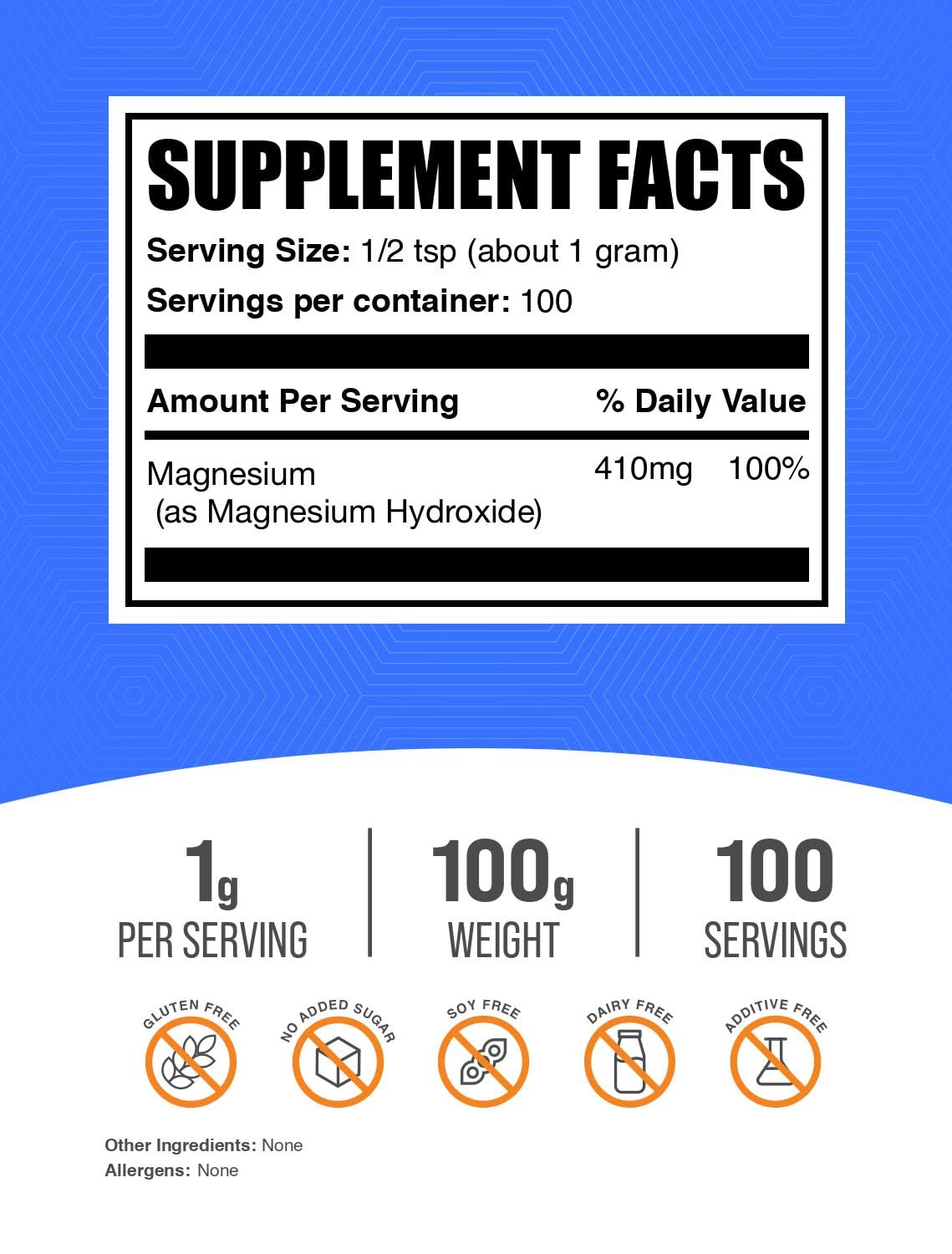 BulkSupplements Magnesium Hydroxide Powder side view with nutritional information