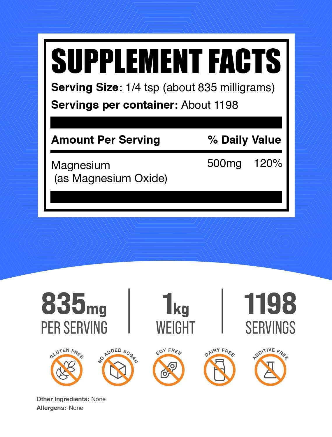 BulkSupplements Magnesium Oxide Powder 500mg packaging details