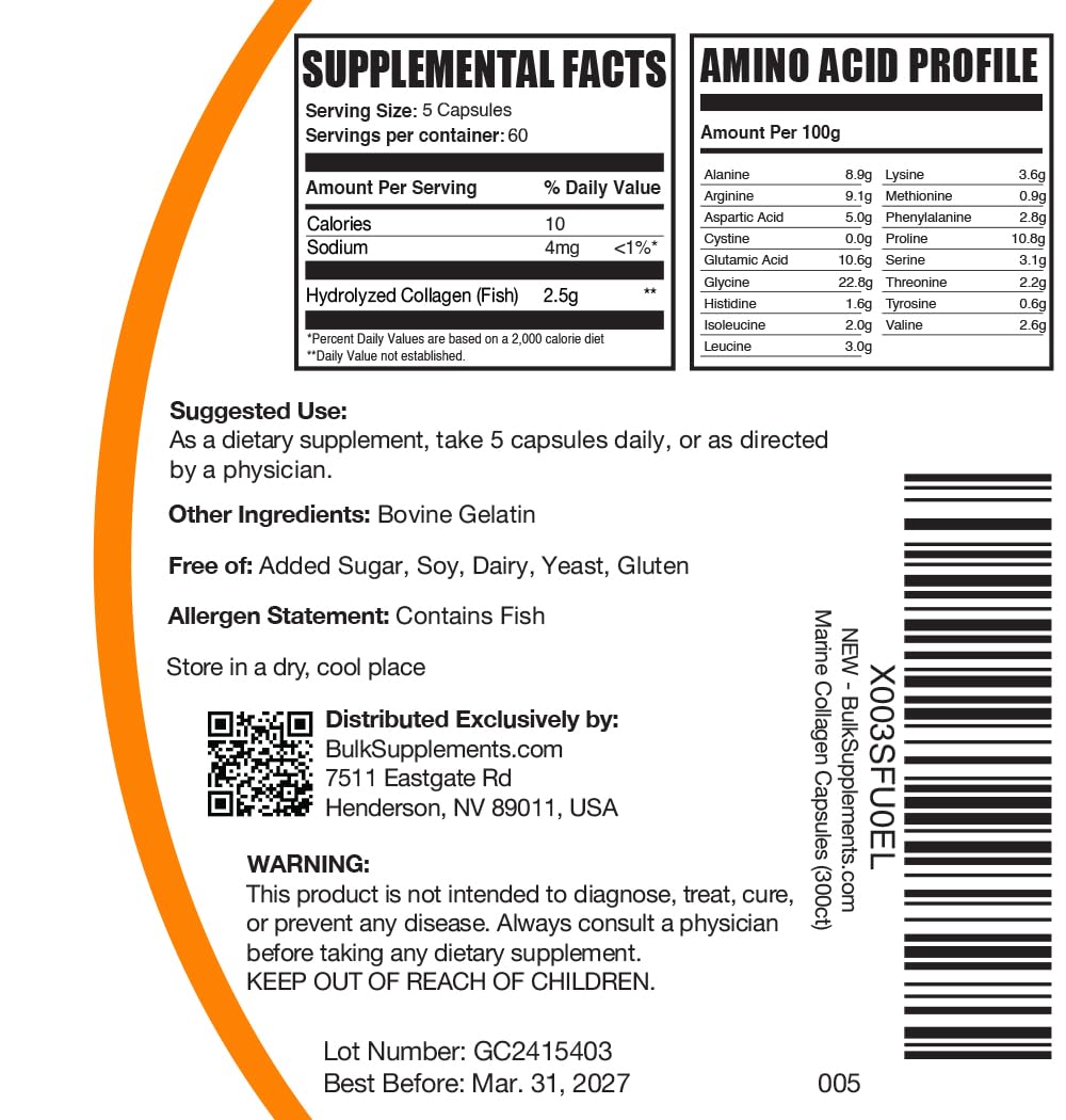 BulkSupplements Marine Collagen Capsules 250g on a wooden table
