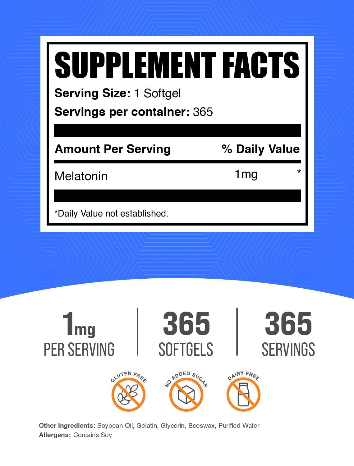 BulkSupplements Melatonin 1mg softgels side view with dosage details