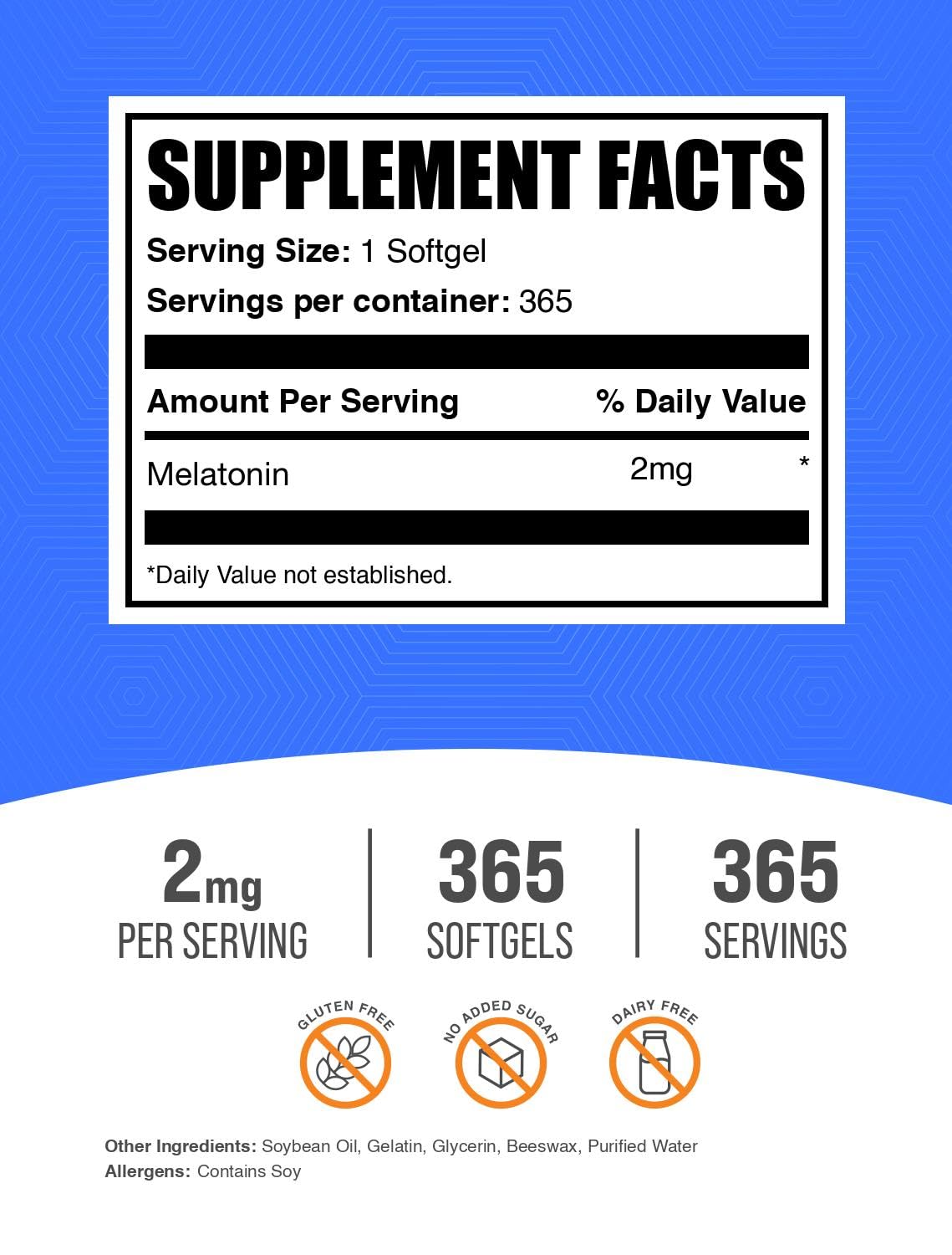 BulkSupplements Melatonin 2mg Softgels back view with ingredients
