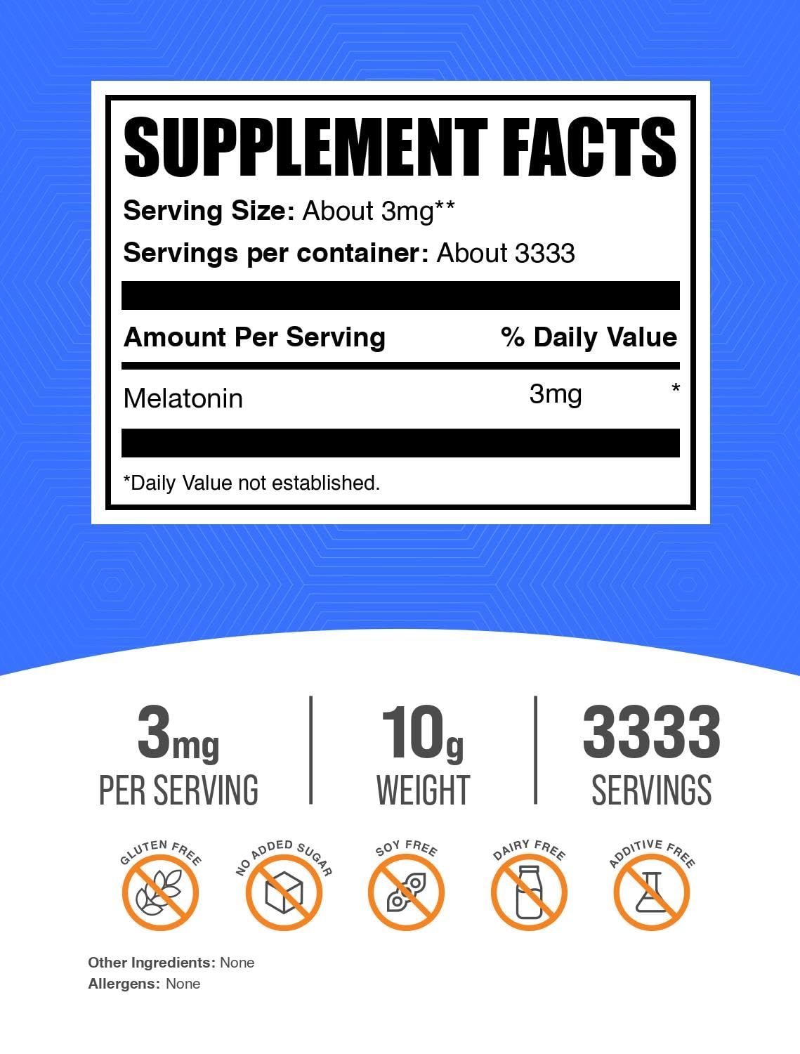 BulkSupplements Melatonin Powder 3mg side view with dosage information