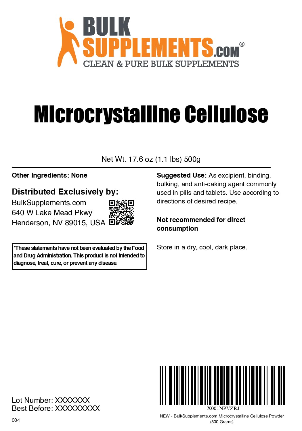 BulkSupplements Microcrystalline Cellulose Powder 500g back view with nutritional information
