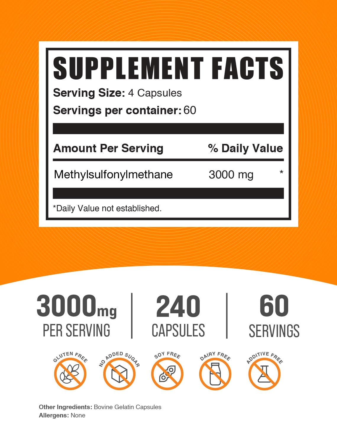 BulkSupplements MSM Capsules bottle with 240 capsules