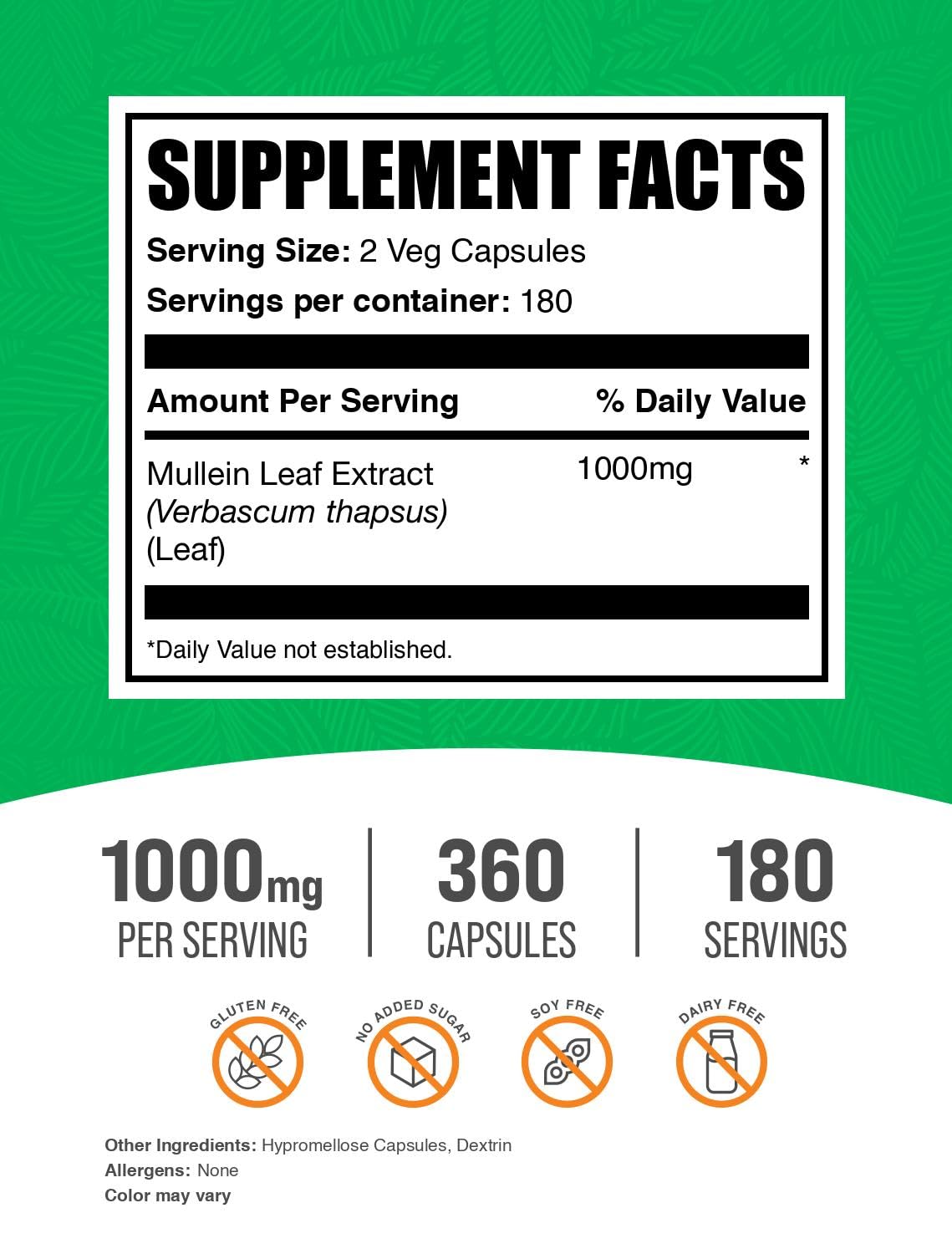 BulkSupplements Mullein Leaf Capsules 1000mg side view with label