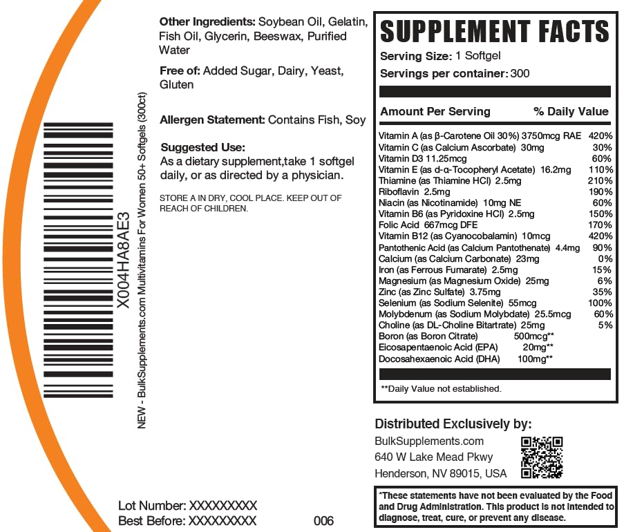 BulkSupplements Multivitamin for Women 50+ Softgels on a table