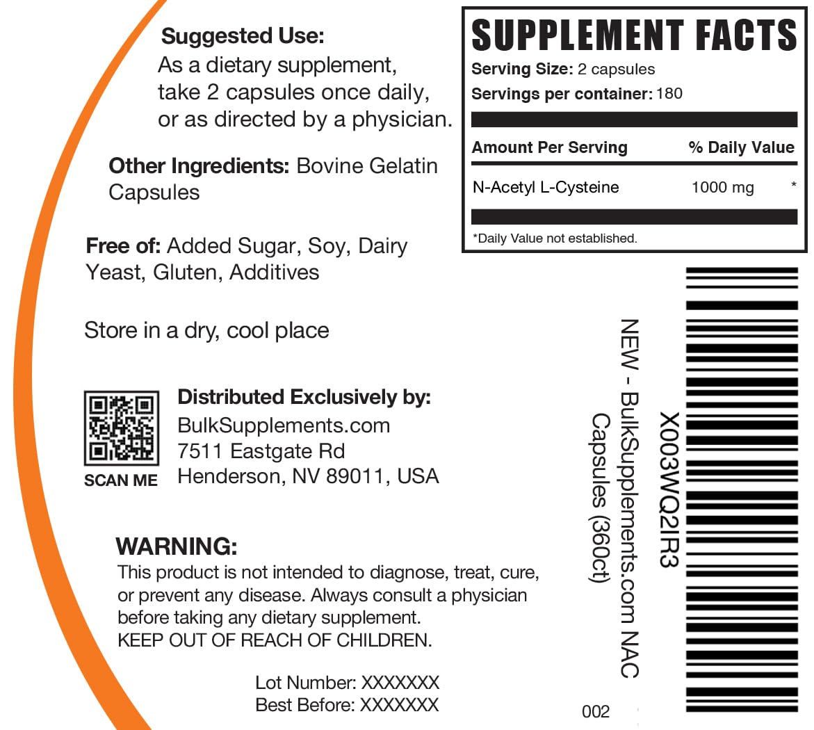 BulkSupplements N-Acetyl L-Cysteine 1000mg capsules on a table