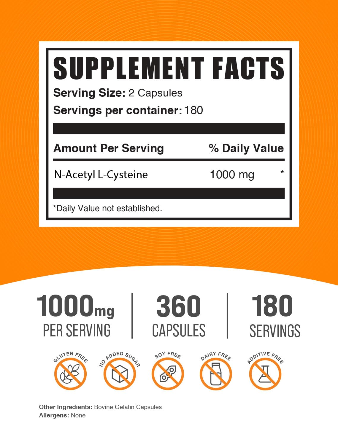 BulkSupplements N-Acetyl L-Cysteine 1000mg capsules side view