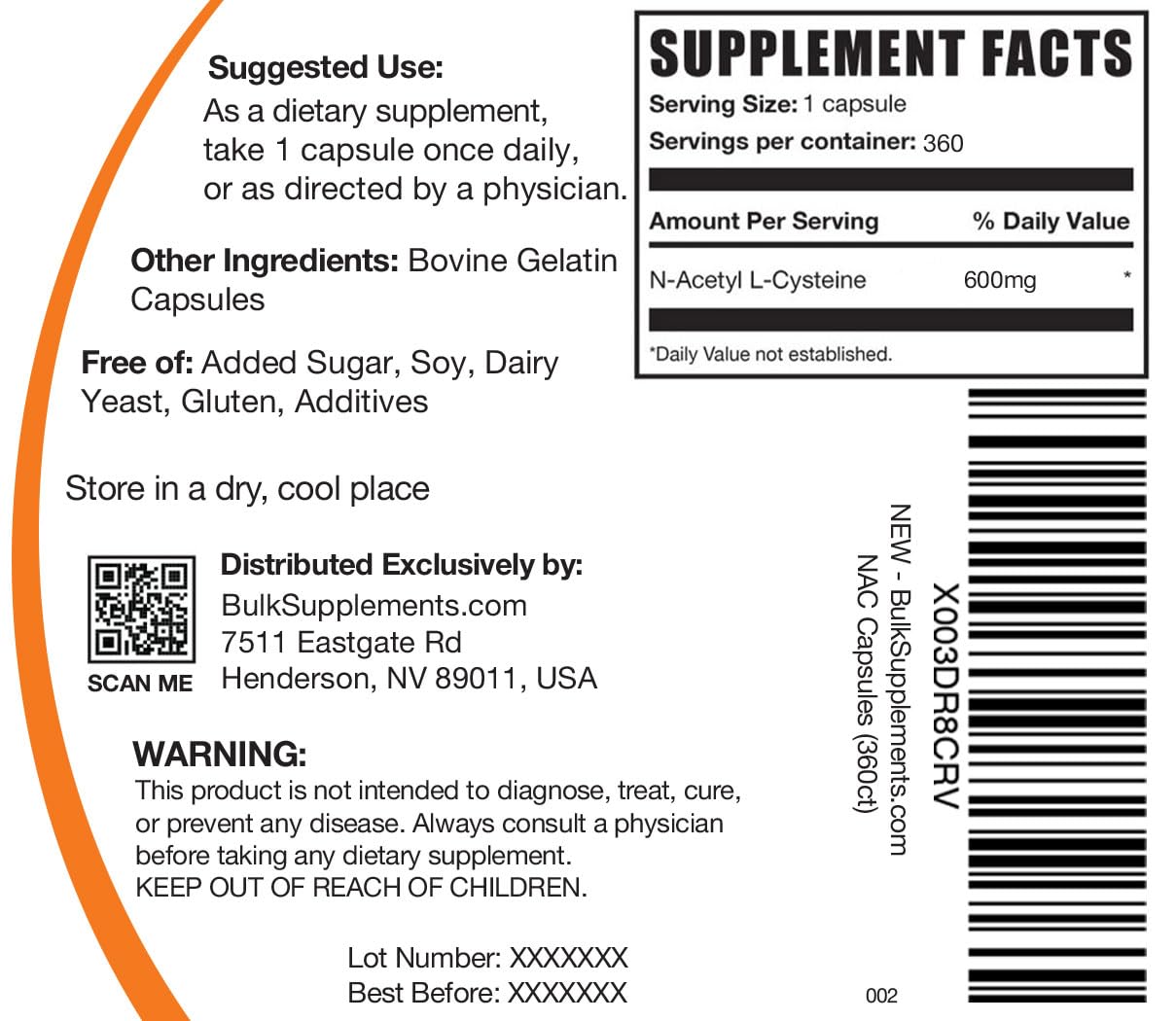 BulkSupplements N-Acetyl L-Cysteine 600mg capsules with measuring spoon