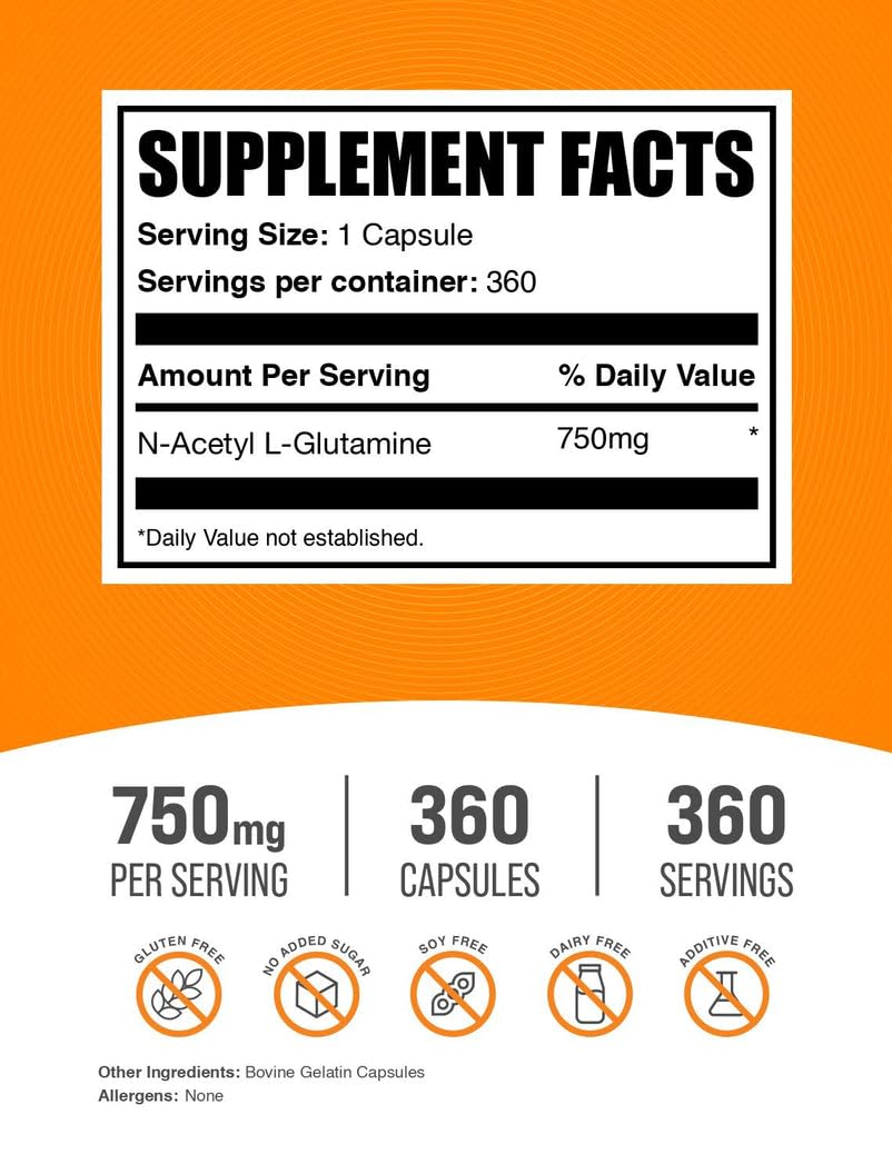 BulkSupplements N-Acetyl L-Glutamine Capsules 750mg side view