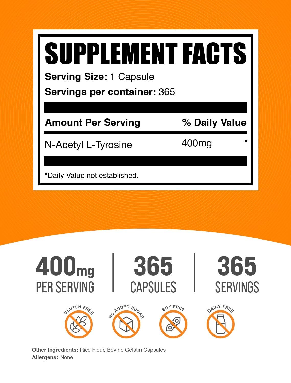 BulkSupplements N-Acetyl L-Tyrosine 400mg capsules side view