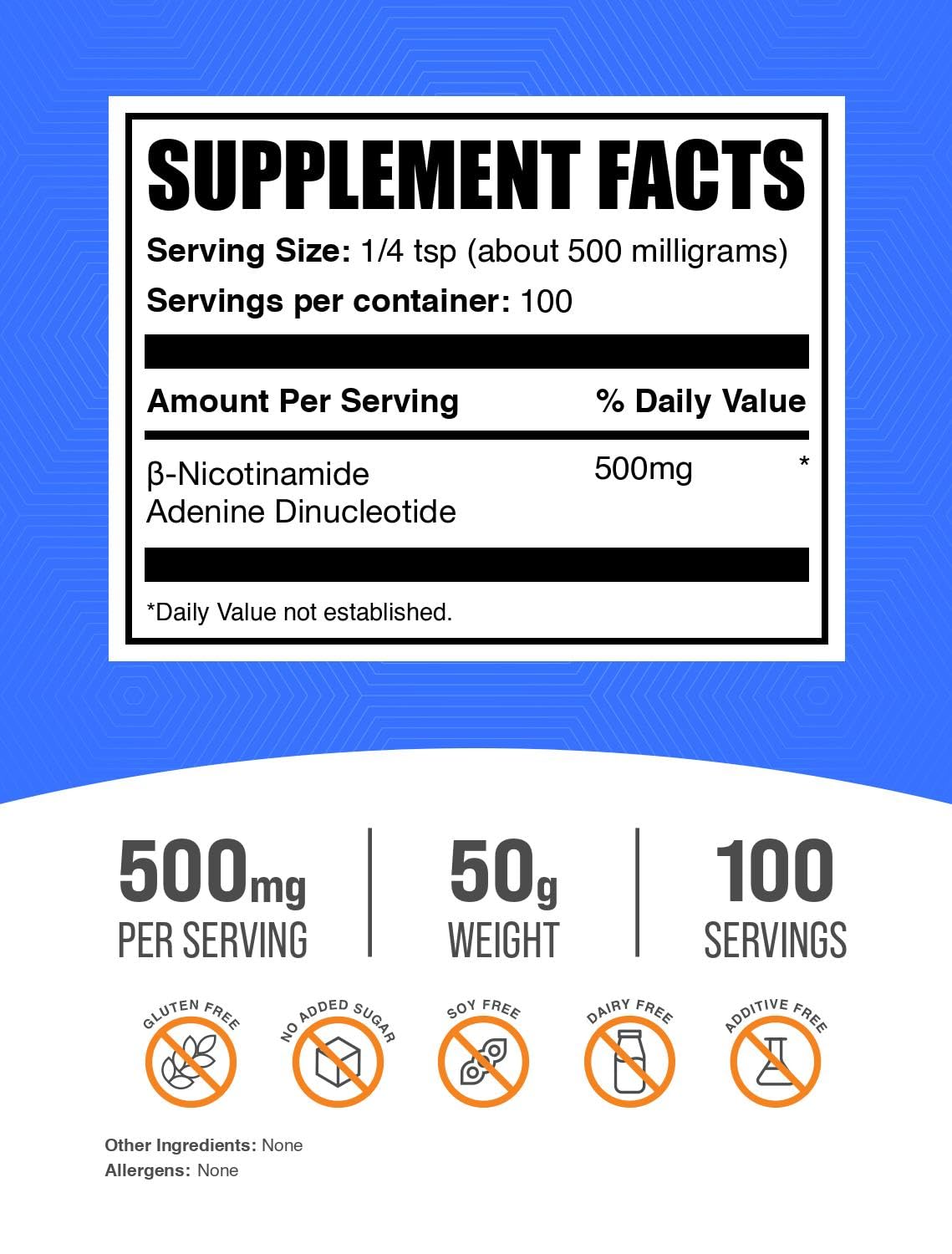 BulkSupplements NAD Powder 500mg side view with nutritional information