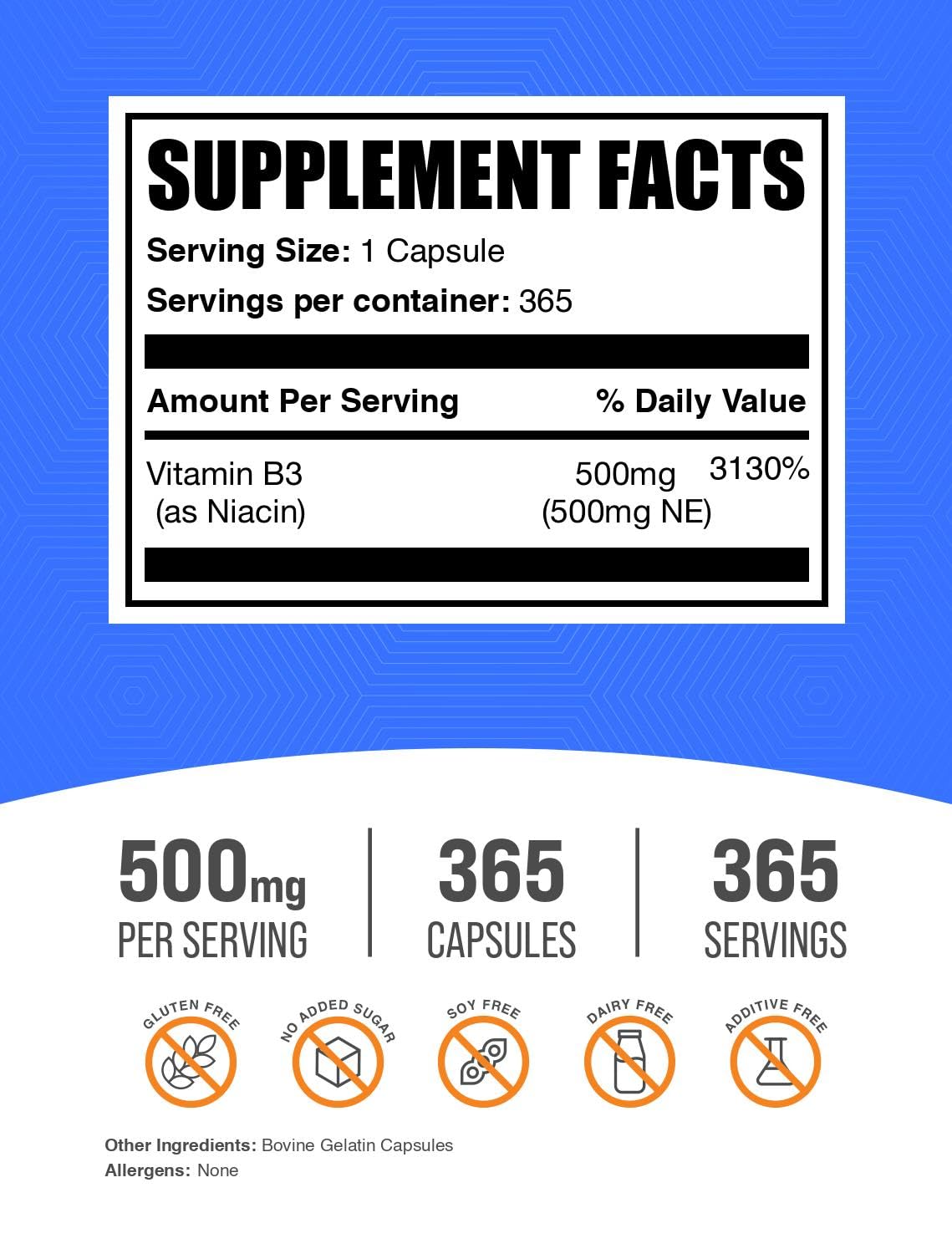 BulkSupplements Niacin B3 Vitamin 500mg capsules side view with label