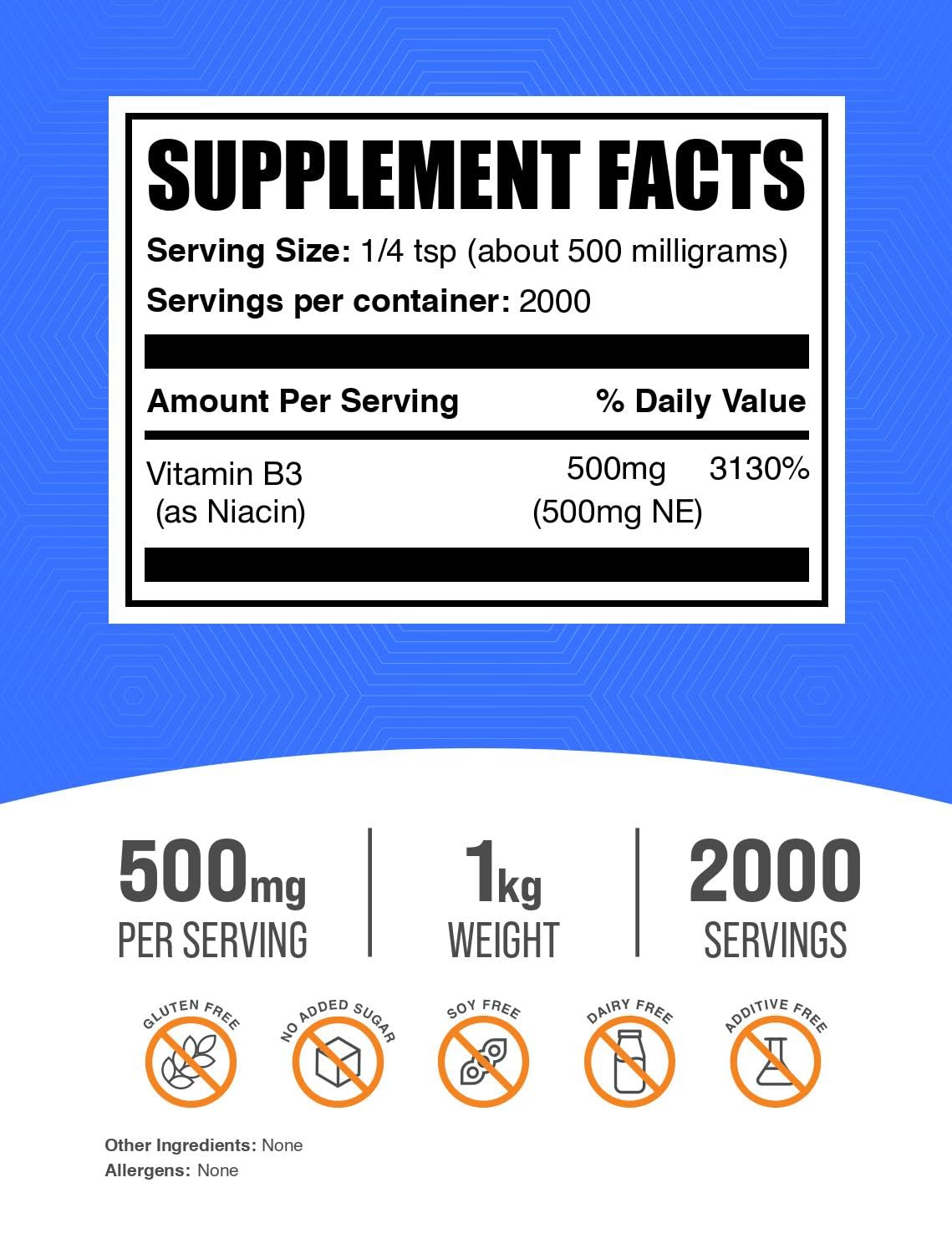 BulkSupplements Niacin Powder 500mg side view with nutritional information