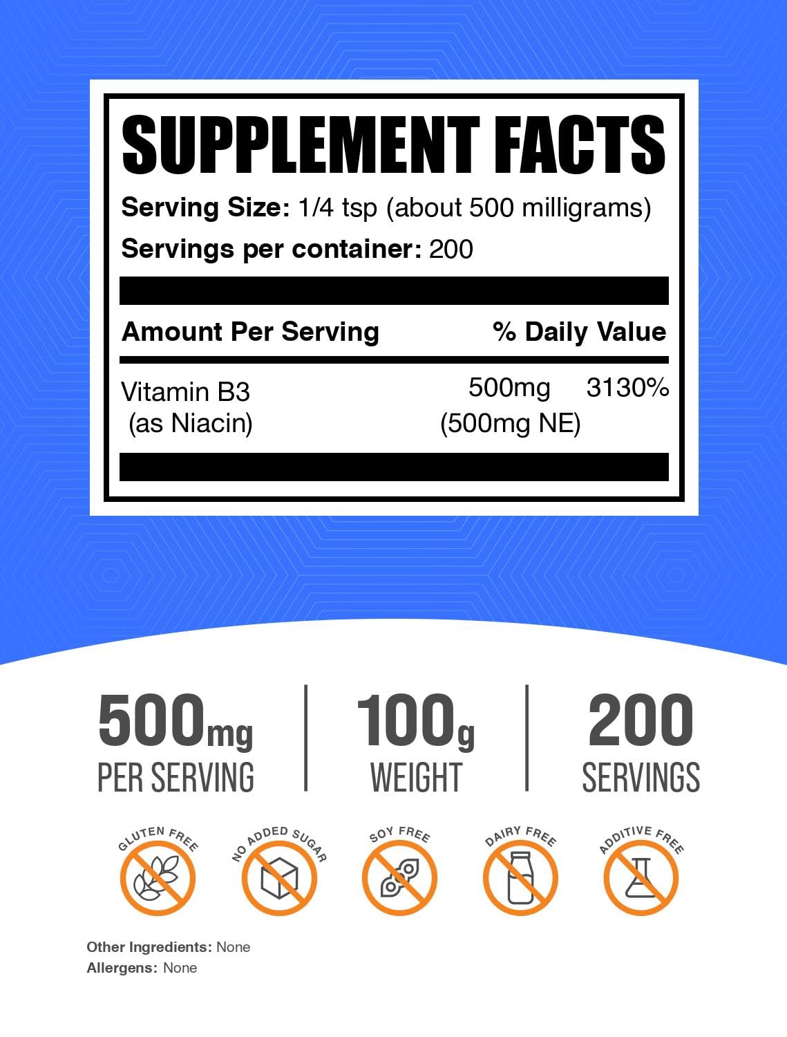 BulkSupplements Niacin Powder 500mg side view with scoop