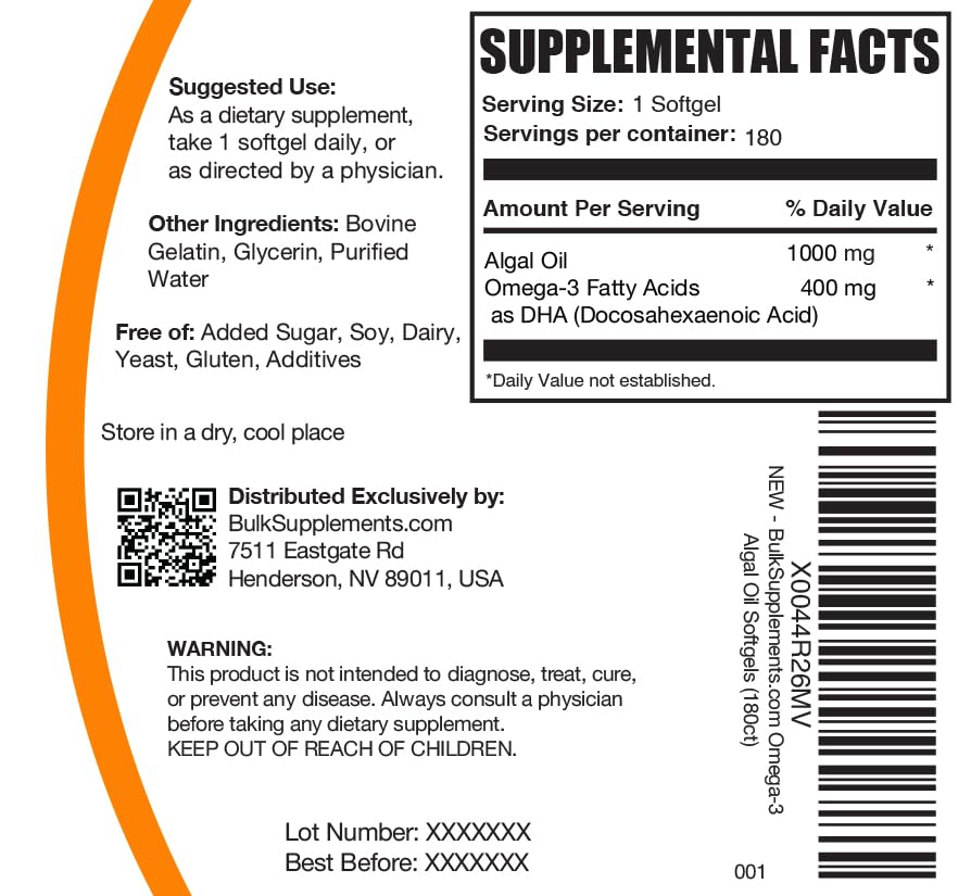 BulkSupplements Omega-3 Algal Oil Softgels with measuring spoon