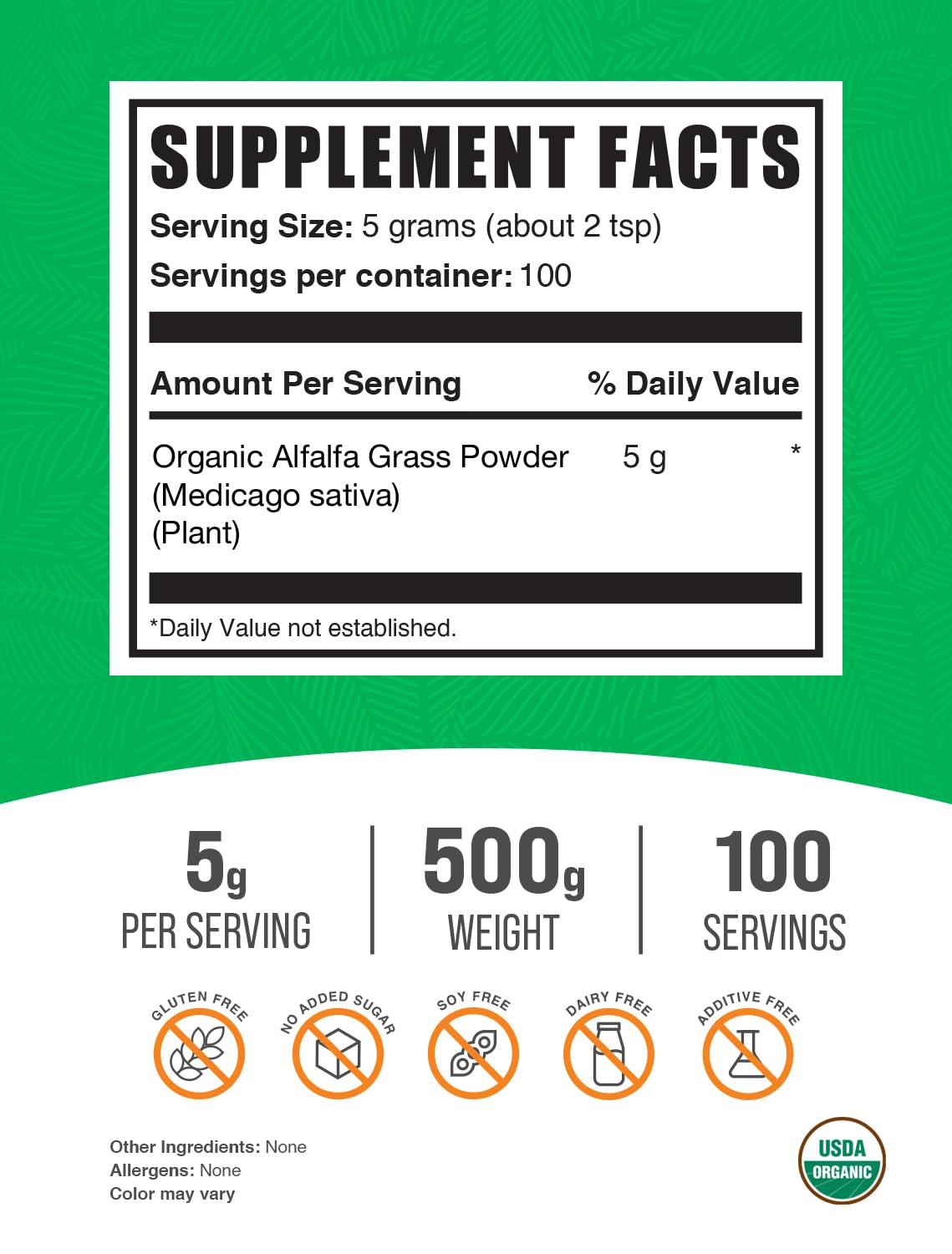 BulkSupplements Organic Alfalfa Grass Powder 500g packaging