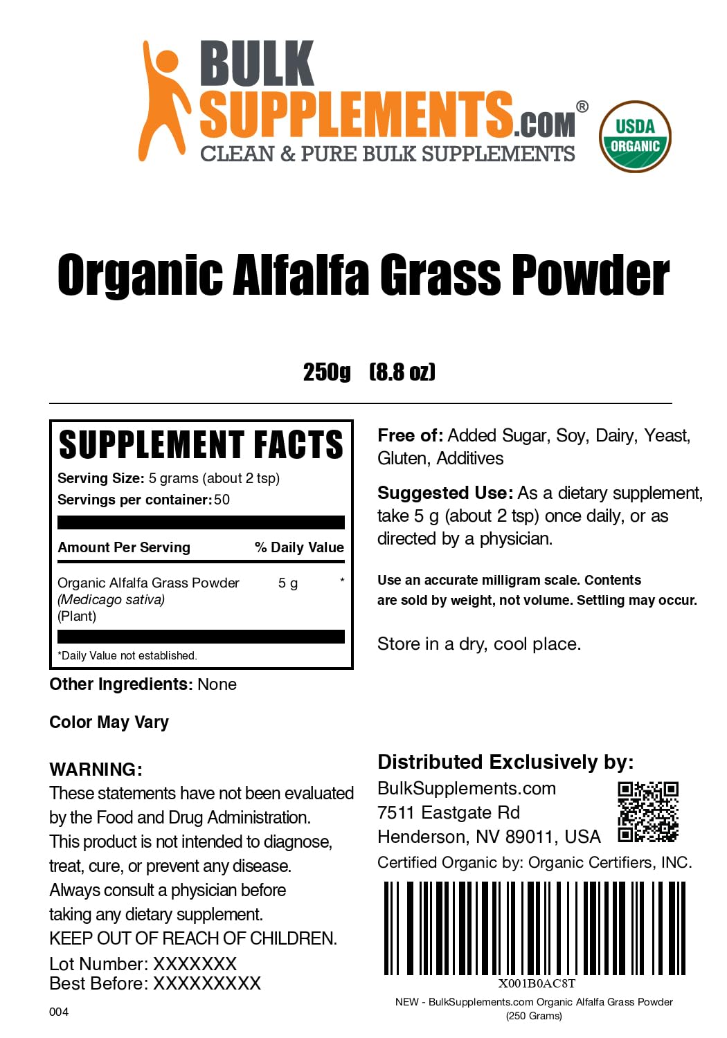 BulkSupplements Organic Alfalfa Grass Powder on a kitchen counter