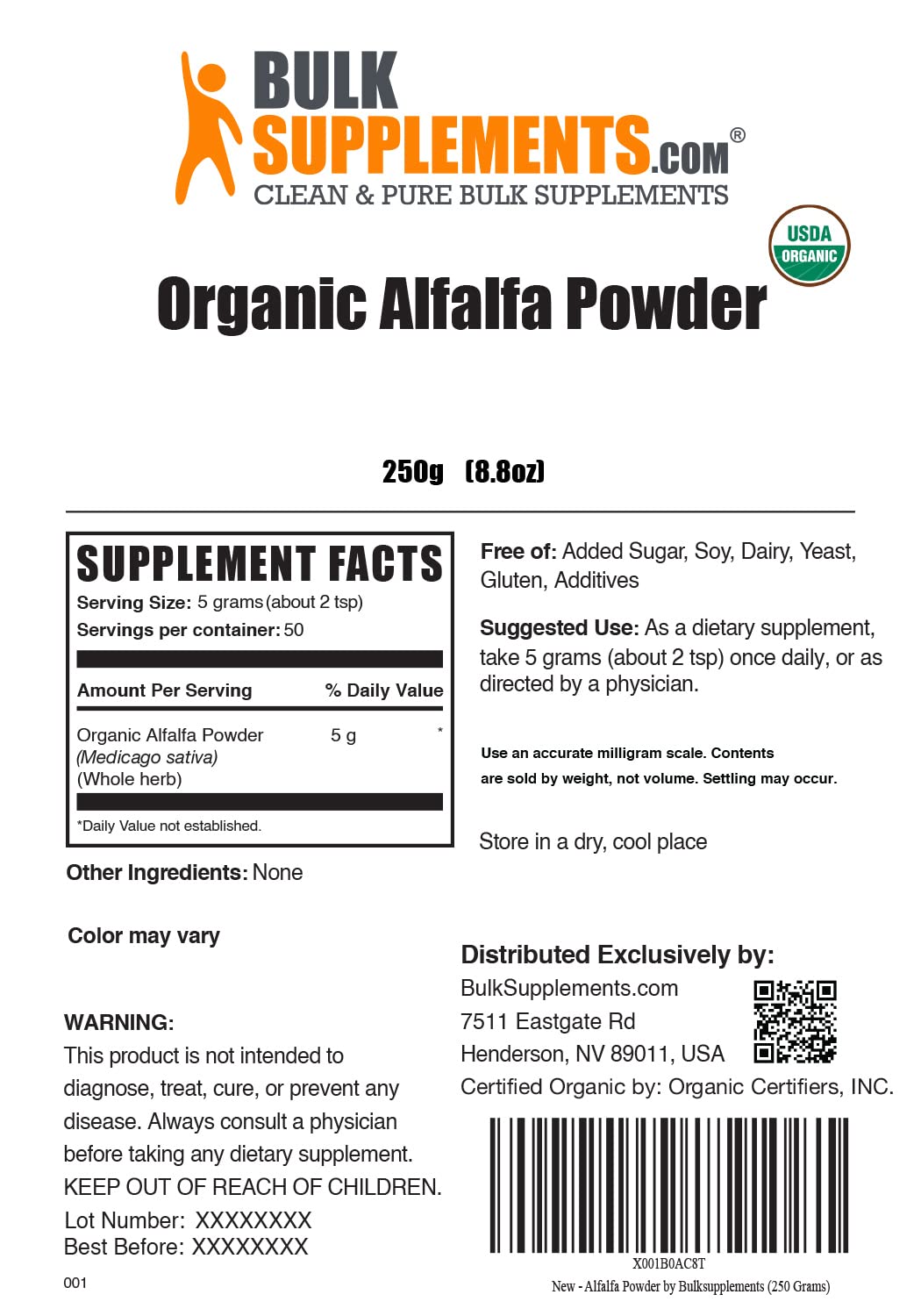 BulkSupplements Organic Alfalfa Grass Powder packaging side view