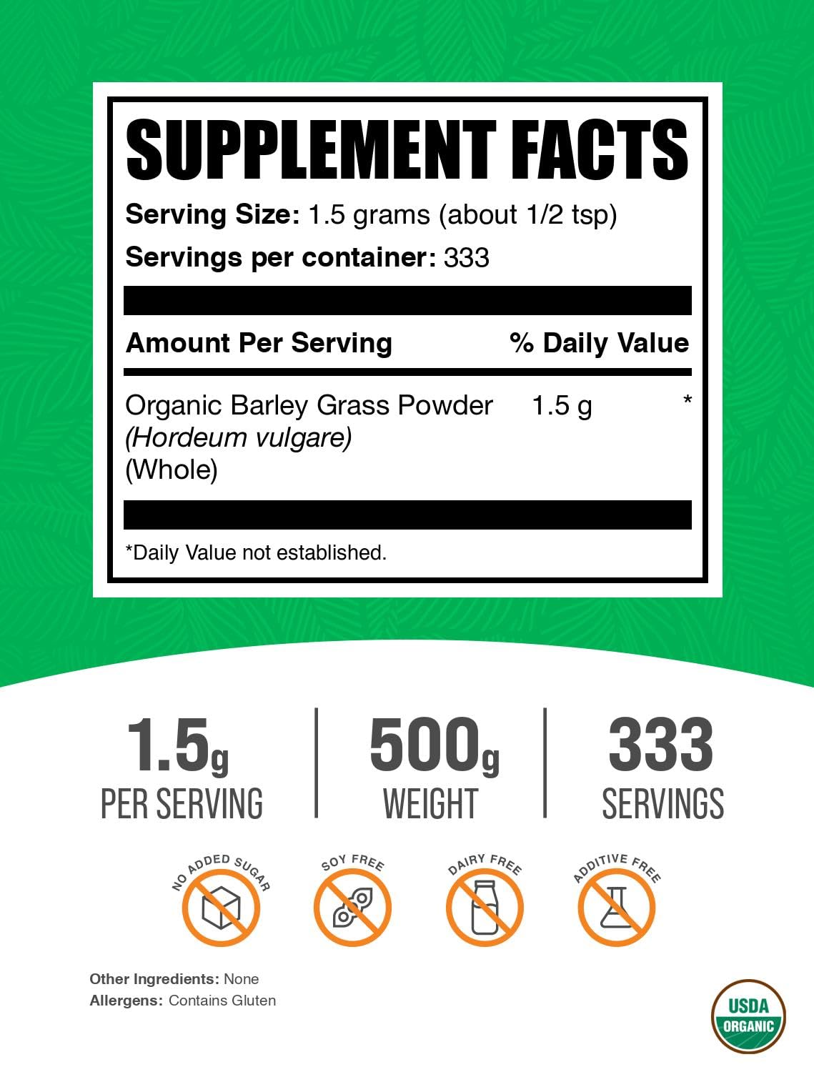 BulkSupplements Organic Barley Grass Powder 500g packaging
