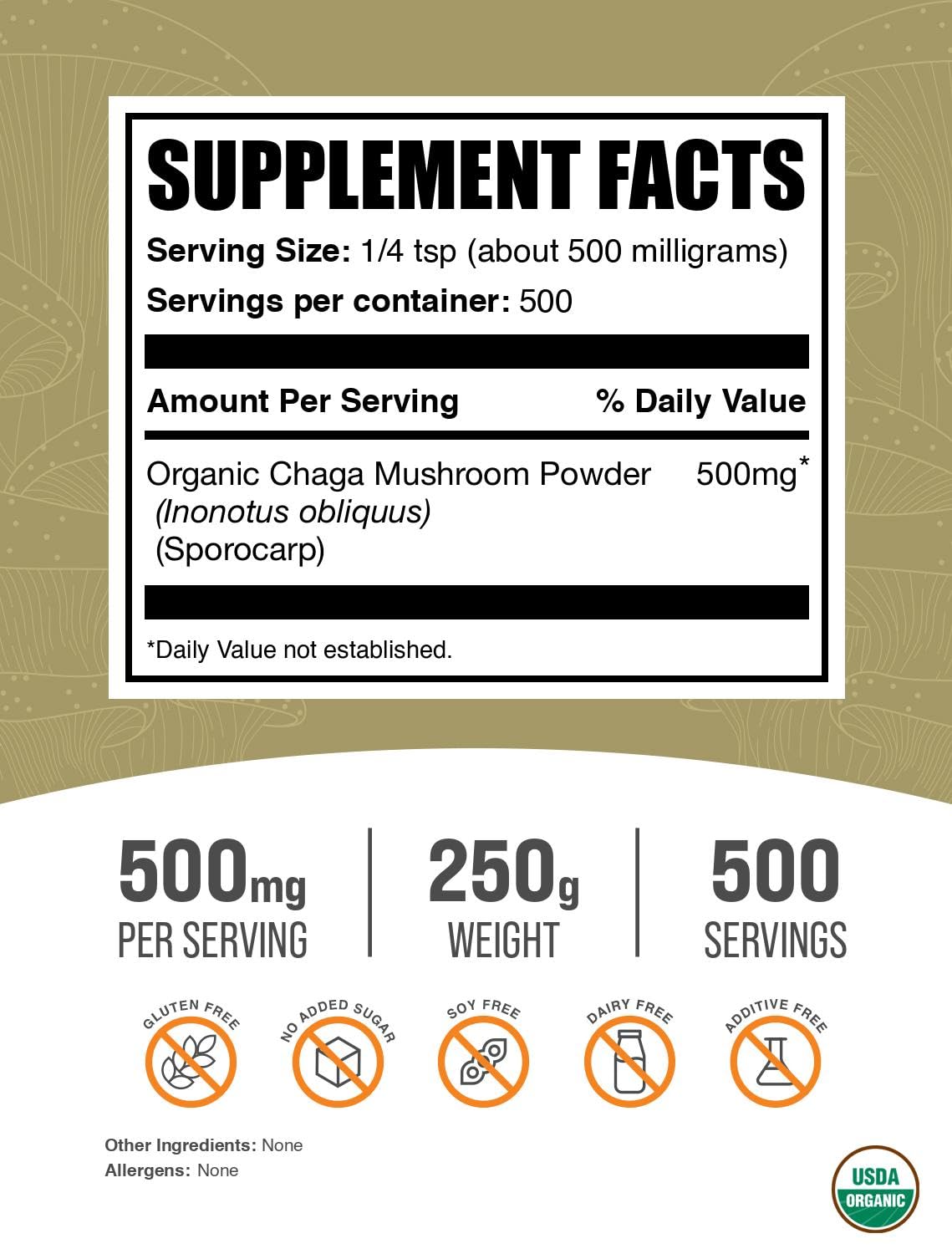 BulkSupplements Organic Chaga Mushroom Powder side view with nutritional information