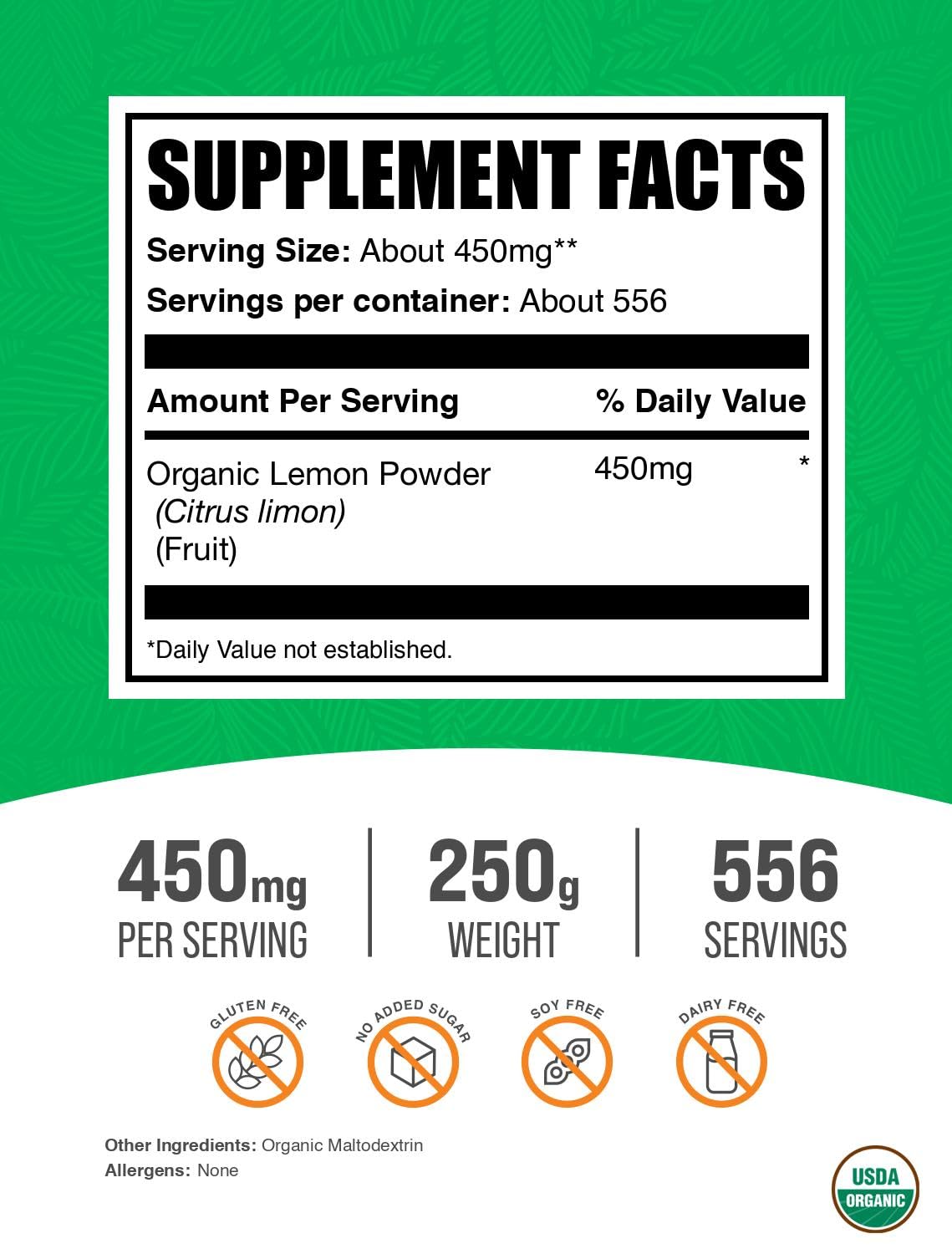 BulkSupplements Organic Lemon Powder 272g packaging