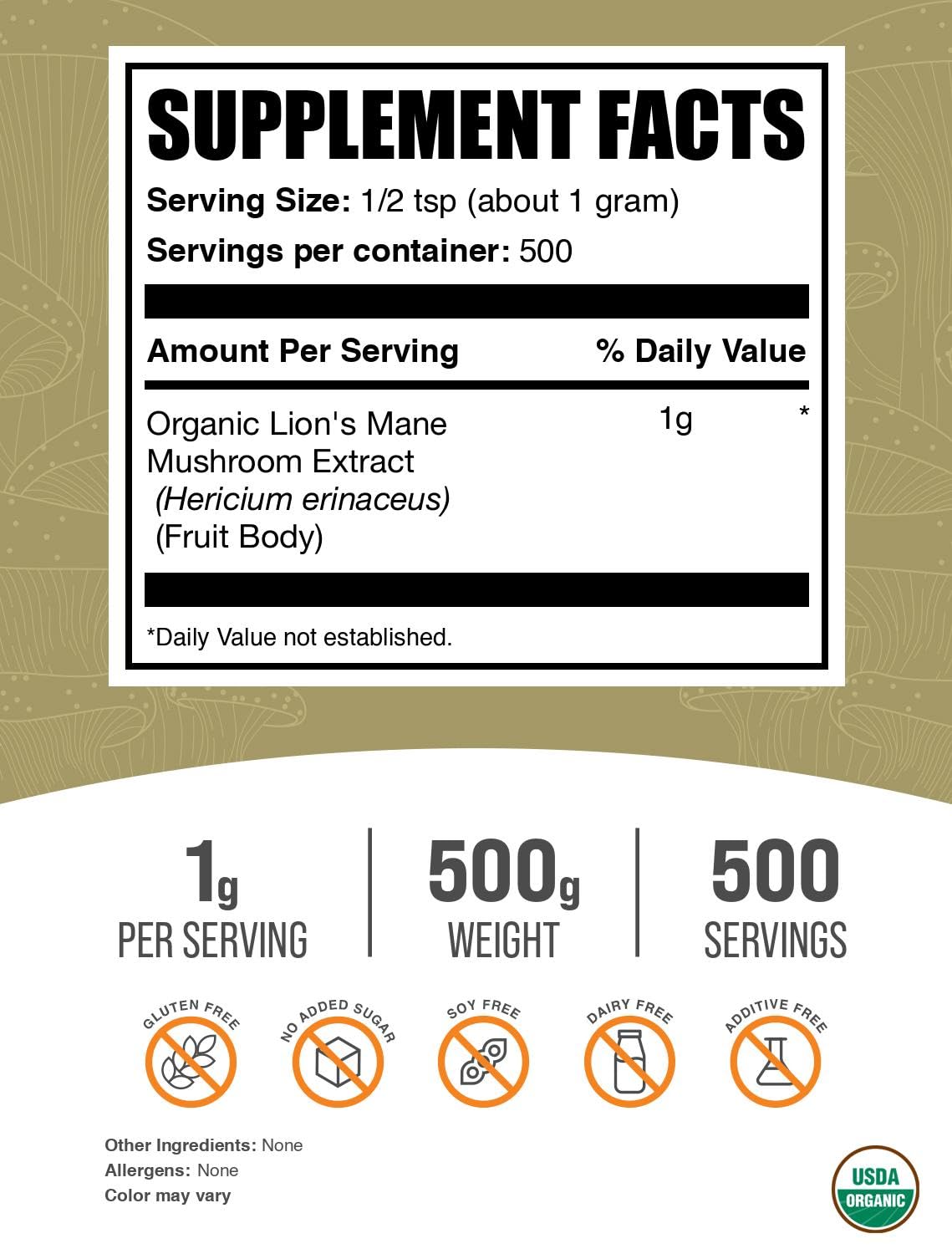 BulkSupplements Organic Lion’s Mane Extract Powder packaging