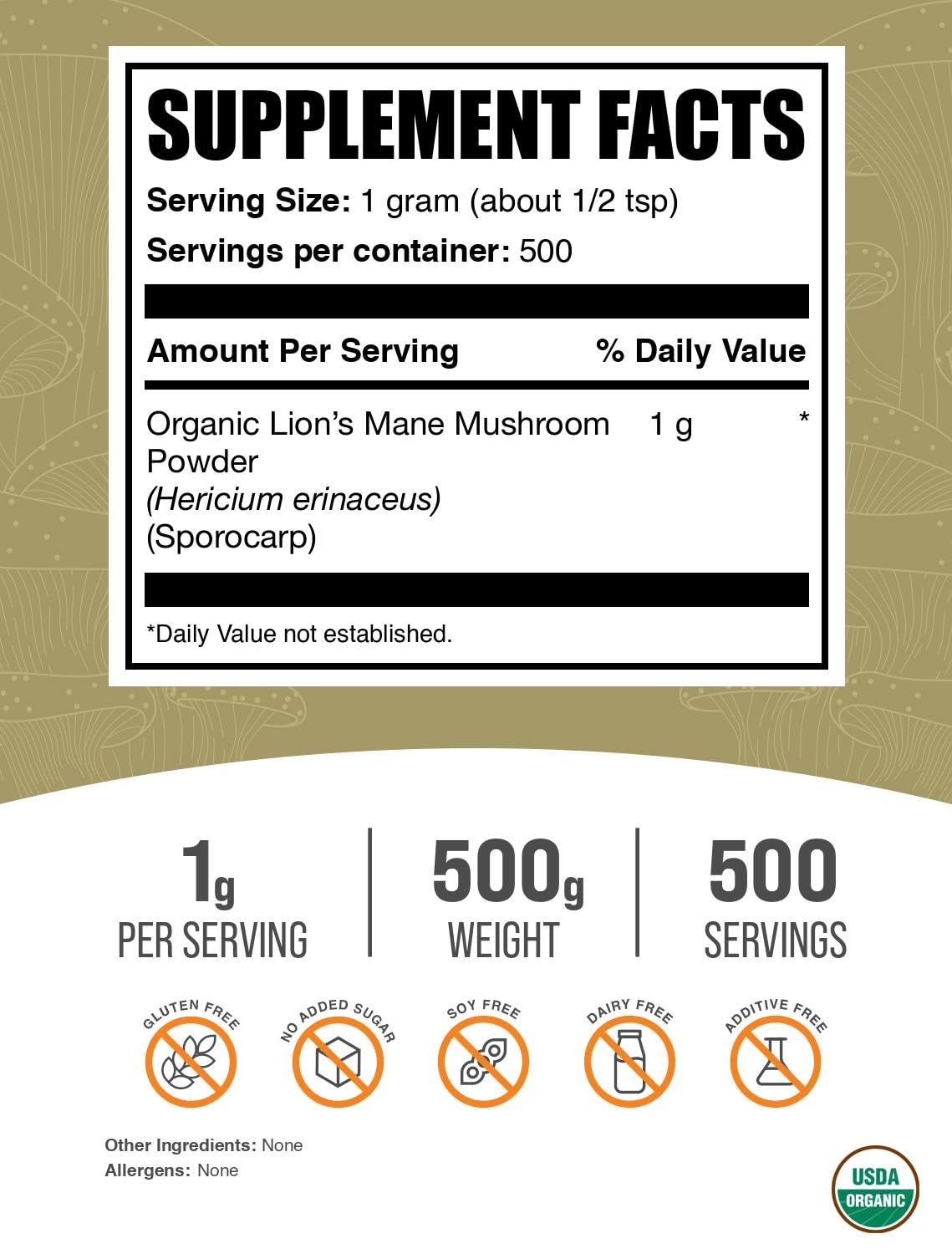 BulkSupplements Organic Lion's Mane Mushroom Powder 522g packaging