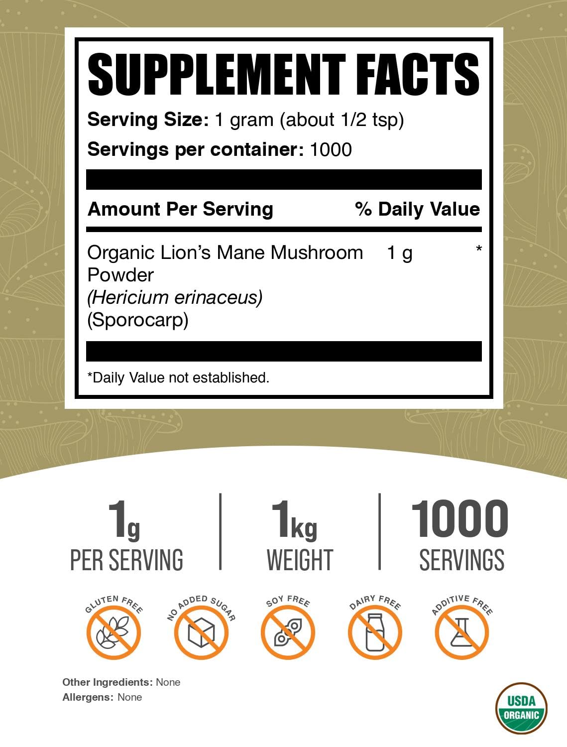 BulkSupplements Organic Lion's Mane Mushroom Powder packaging side view